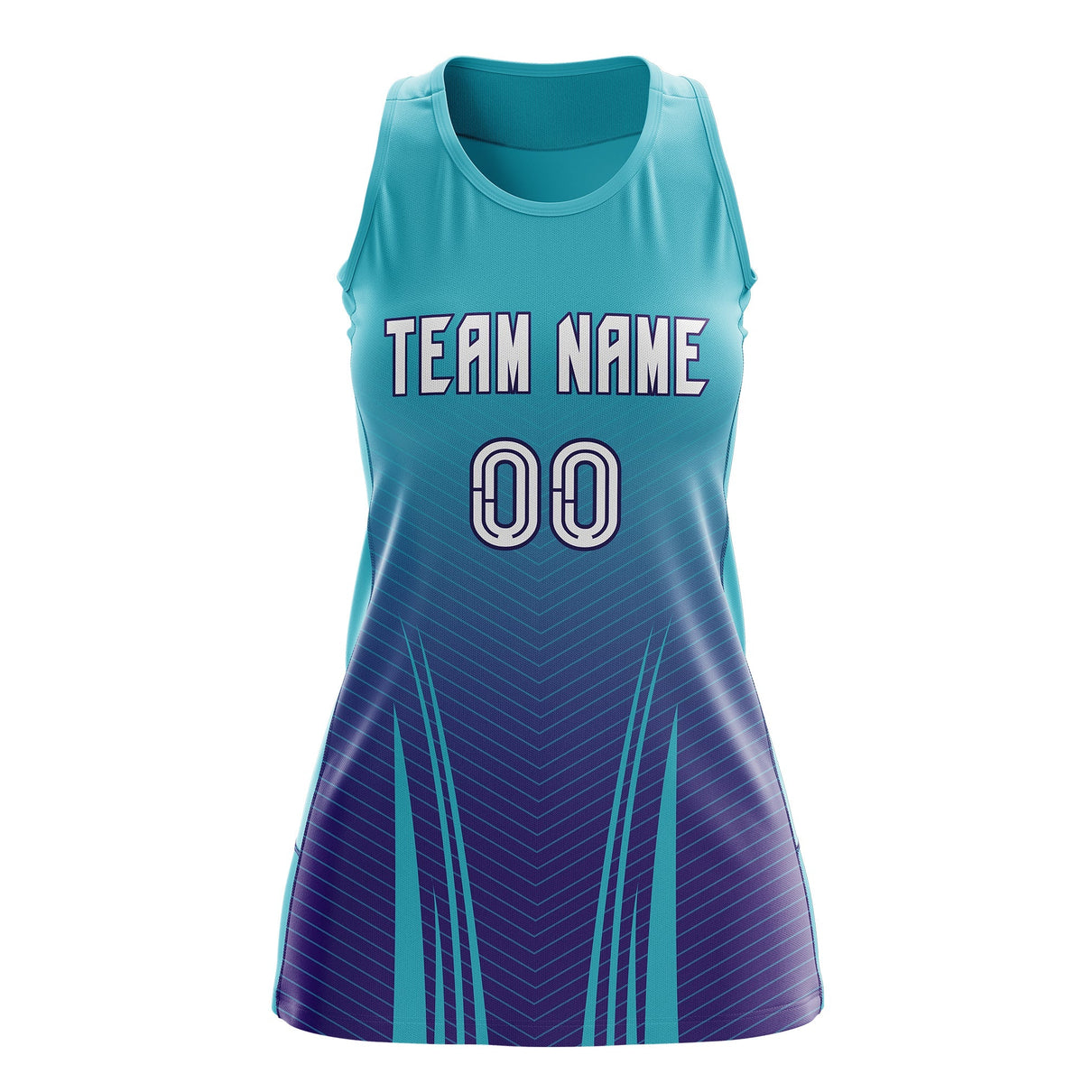 Custom Women Netball Dress | Aqua Purple V-Shaped Pinstripes Uniform with Name &amp; Number