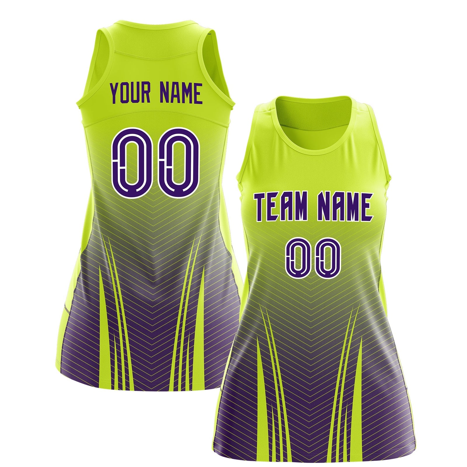 Custom Netball Dress | Fluorescent Green Purple V-Shaped Pinstripes Gradient Team Uniform