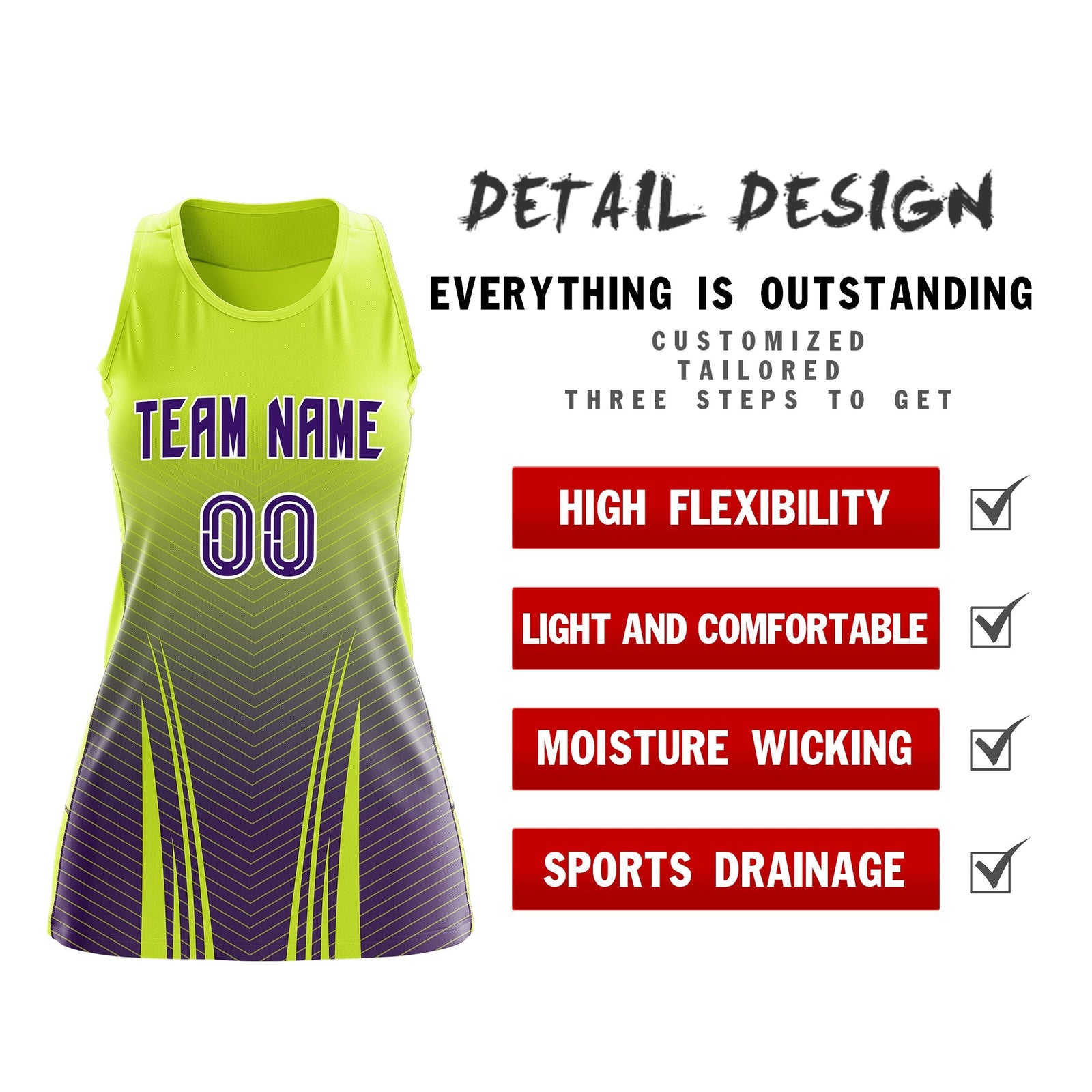 Custom Netball Dress | Fluorescent Green Purple V-Shaped Pinstripes Gradient Team Uniform