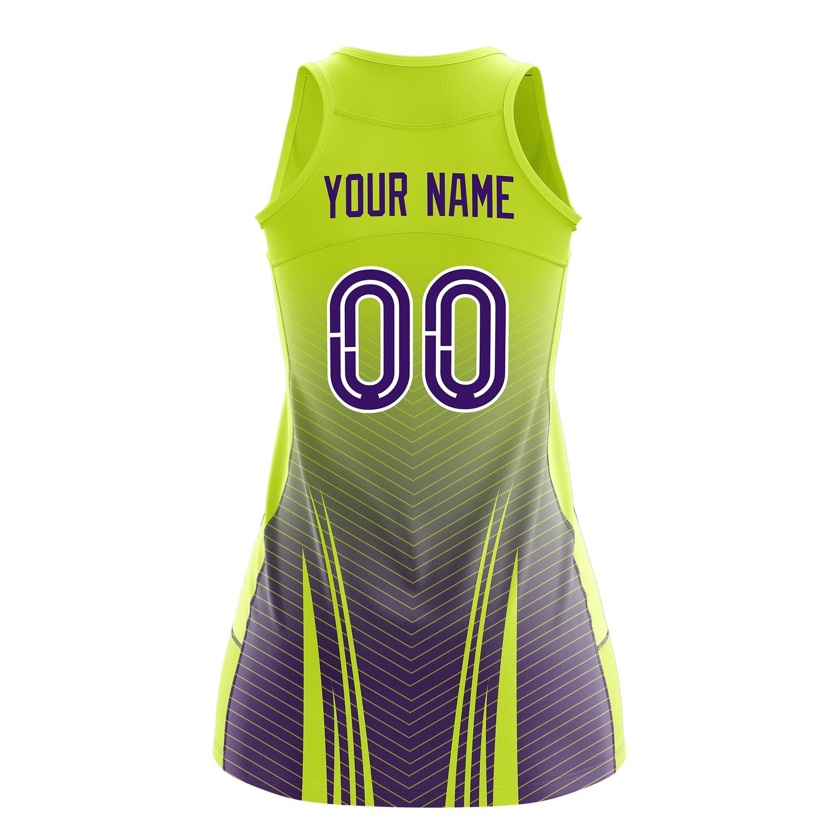 Custom Netball Dress | Fluorescent Green Purple V-Shaped Pinstripes Gradient Team Uniform