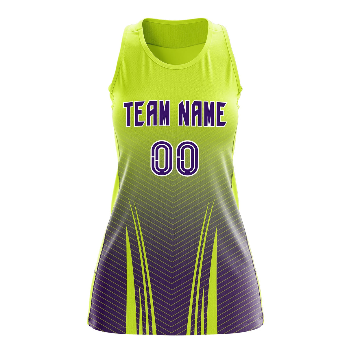Custom Netball Dress | Fluorescent Green Purple V-Shaped Pinstripes Gradient Team Uniform