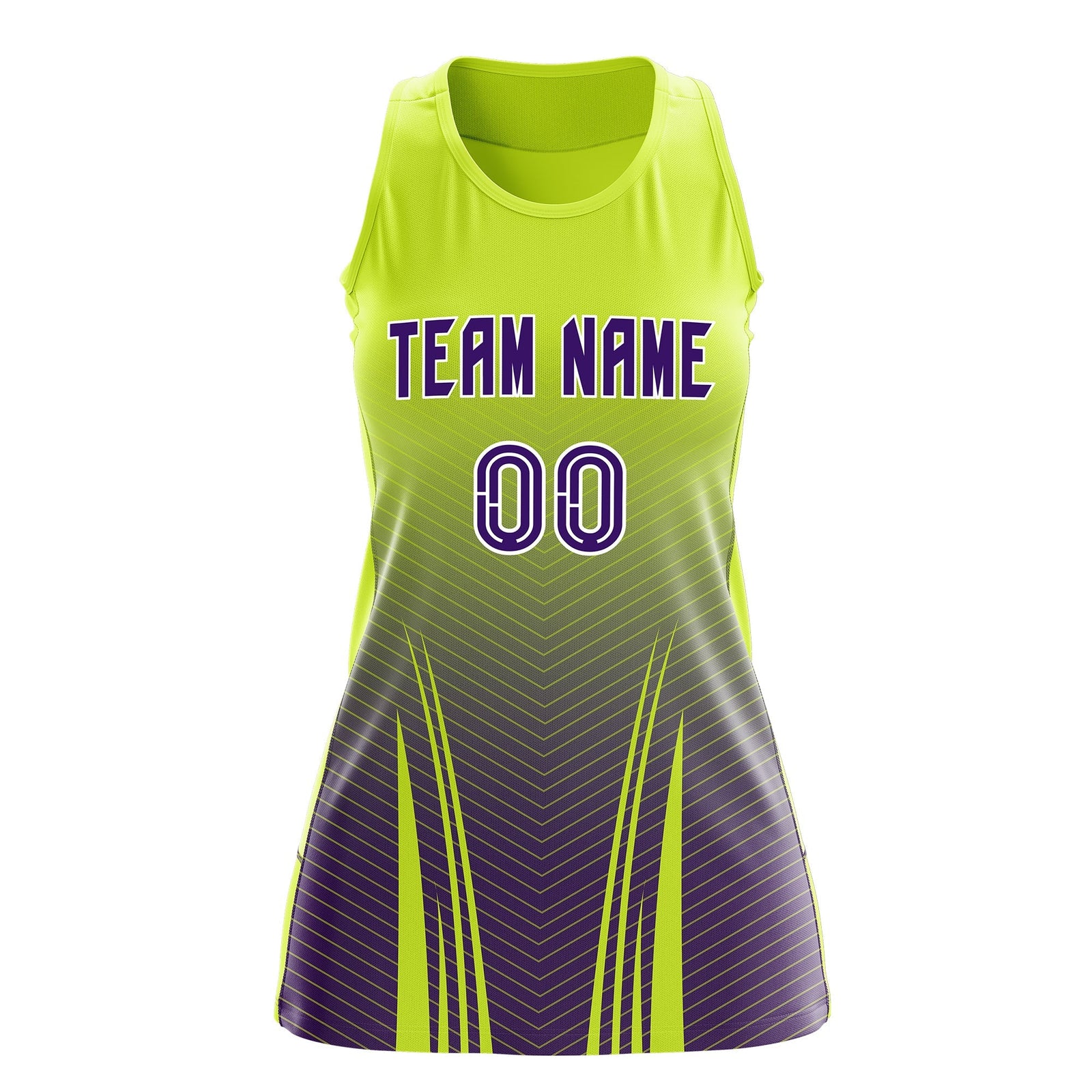 Custom Netball Dress | Fluorescent Green Purple V-Shaped Pinstripes Gradient Team Uniform