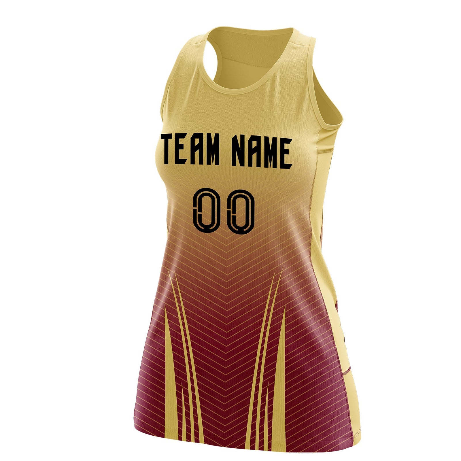 Custom Women Netball Dress | Khaki Crimson V-Shaped Pinstripes Uniform with Name & Number