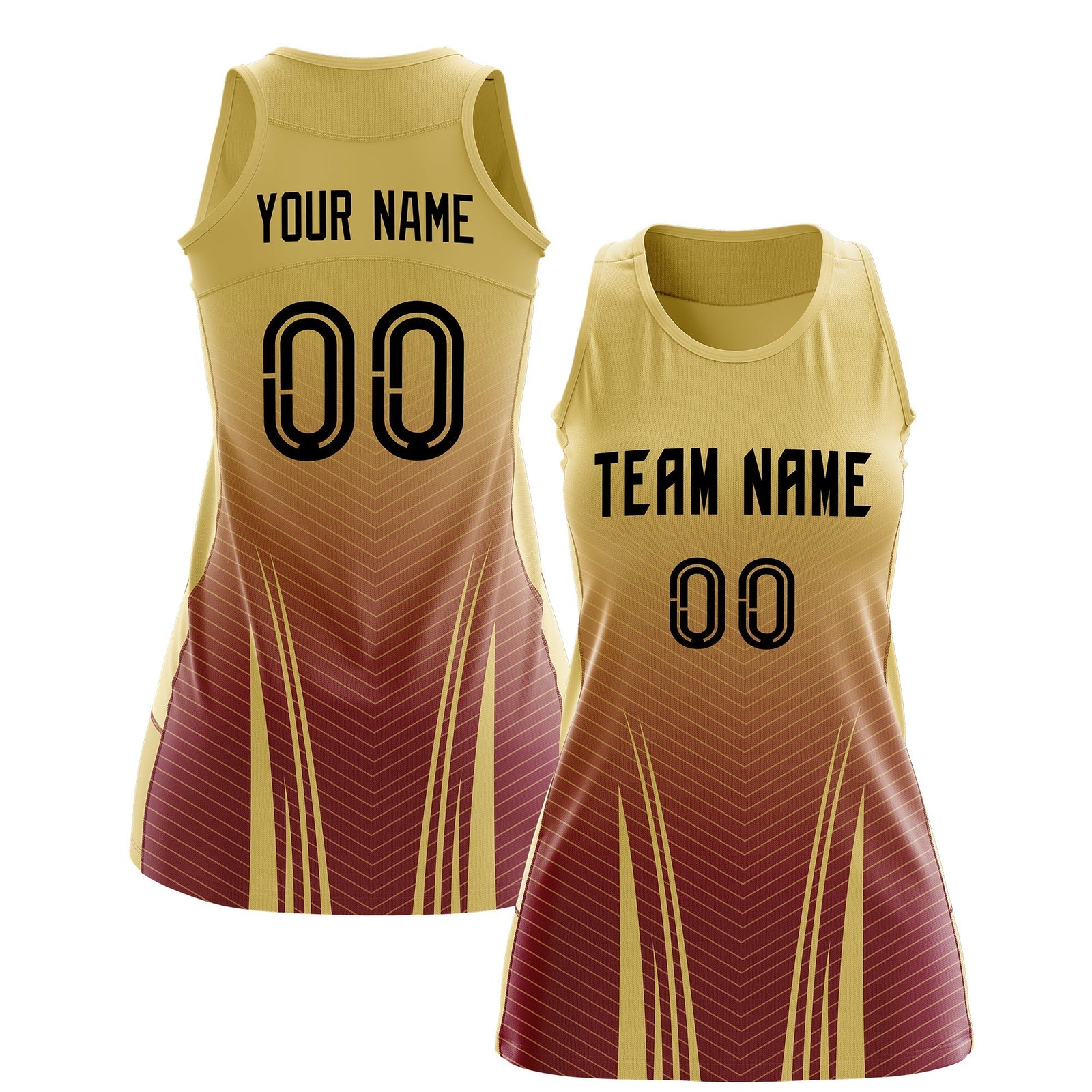 Custom Women Netball Dress | Khaki Crimson V-Shaped Pinstripes Uniform with Name & Number
