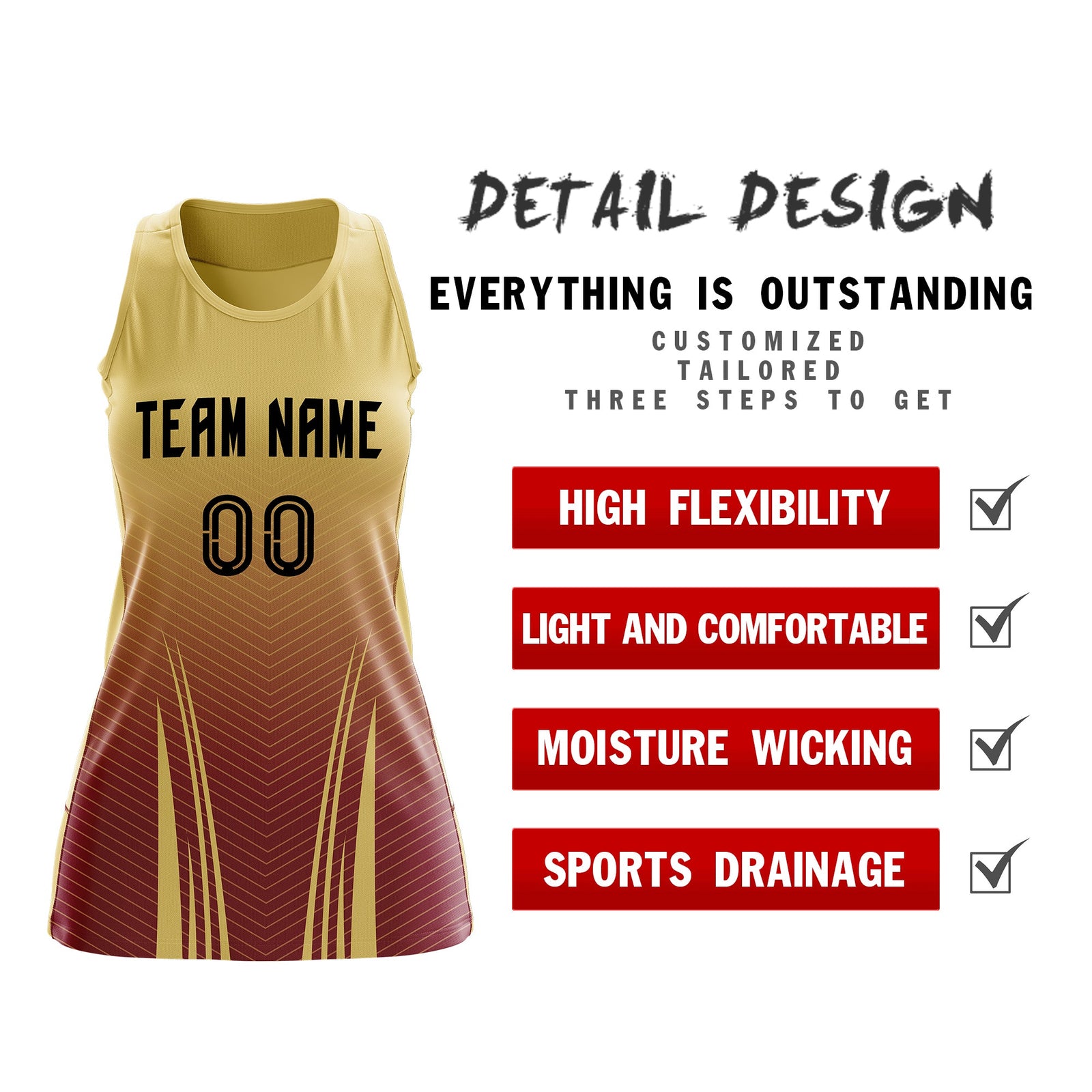 Custom Women Netball Dress | Khaki Crimson V-Shaped Pinstripes Uniform with Name & Number