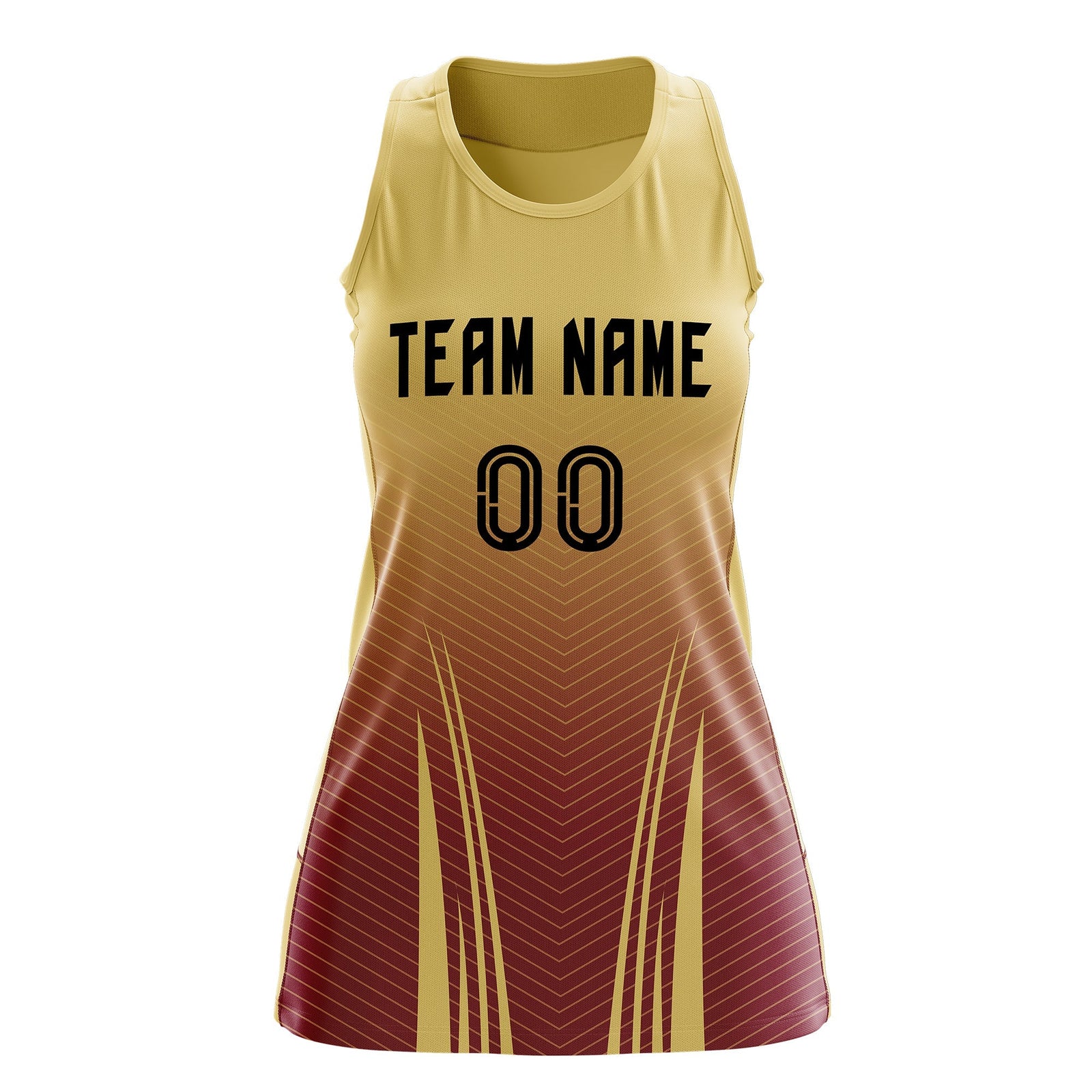 Custom Women Netball Dress | Khaki Crimson V-Shaped Pinstripes Uniform with Name & Number