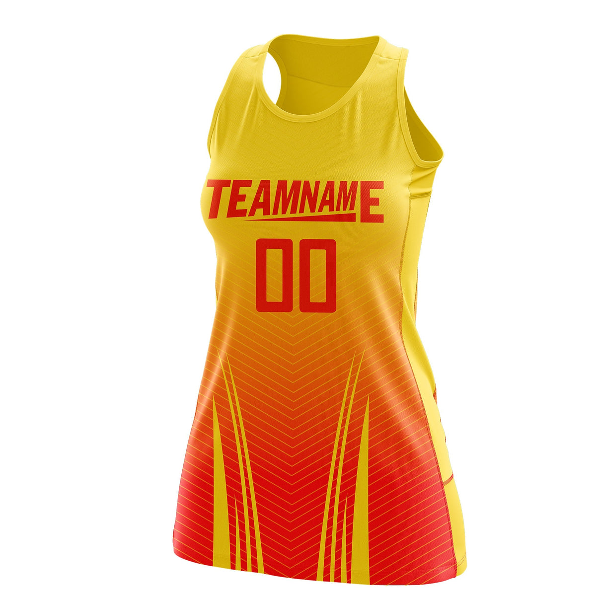 Custom Women Netball Dress | Gold Orange V-Shaped Pinstripes Uniform with Name &amp; Number