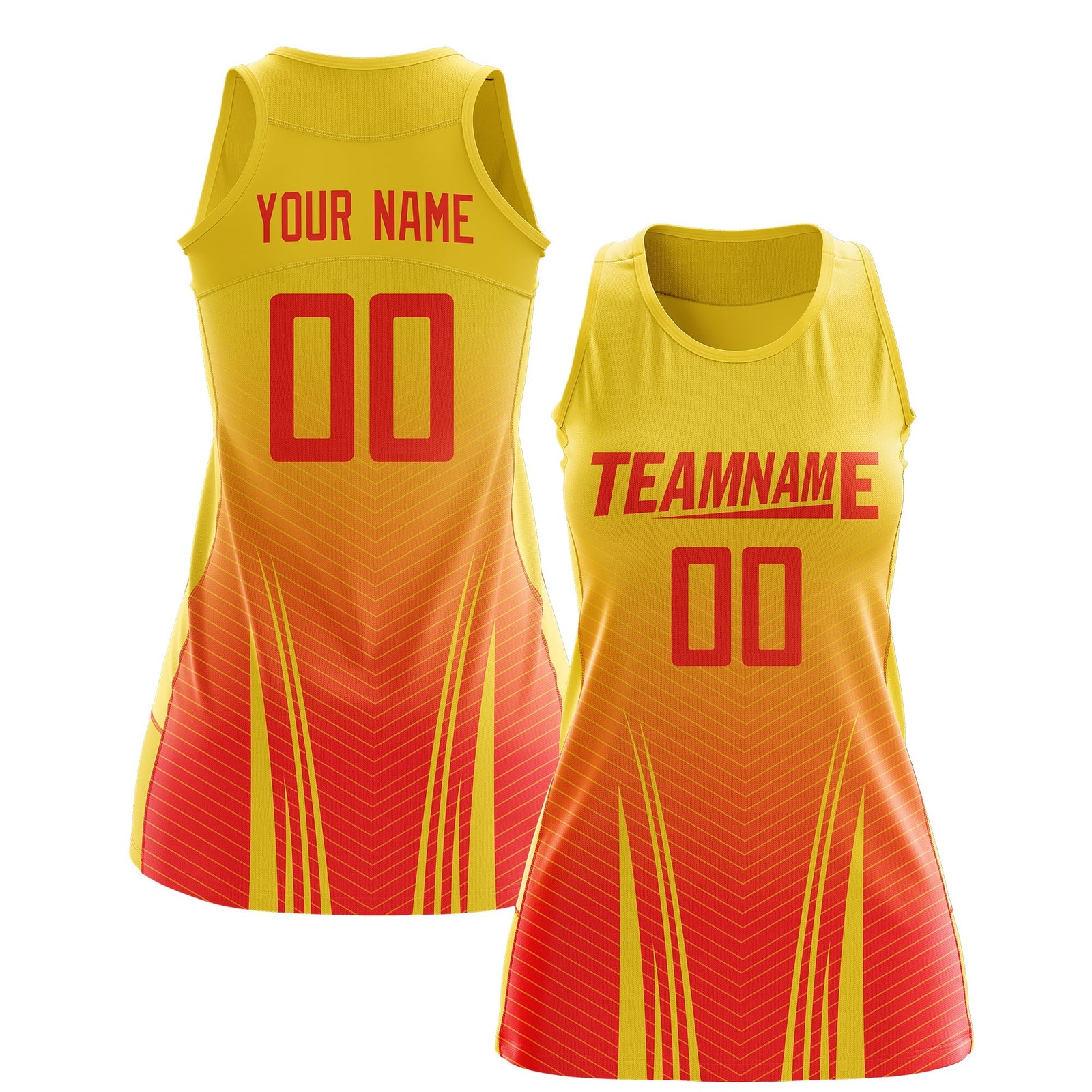 Custom Women Netball Dress | Gold Orange V-Shaped Pinstripes Uniform with Name & Number
