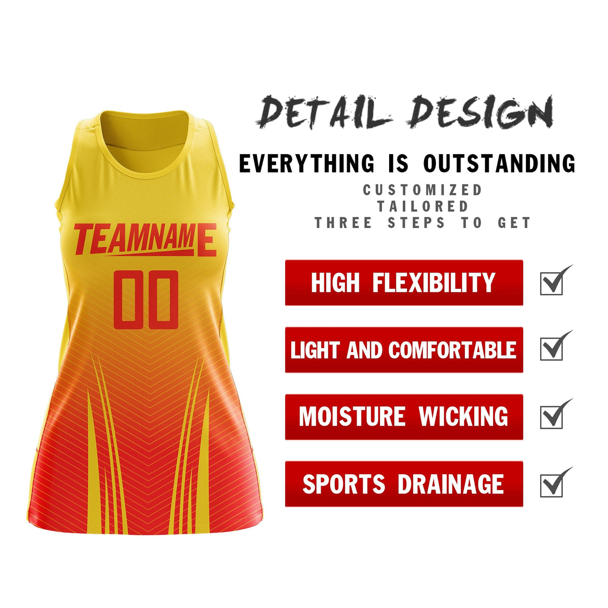 Custom Women Netball Dress | Gold Orange V-Shaped Pinstripes Uniform with Name &amp; Number