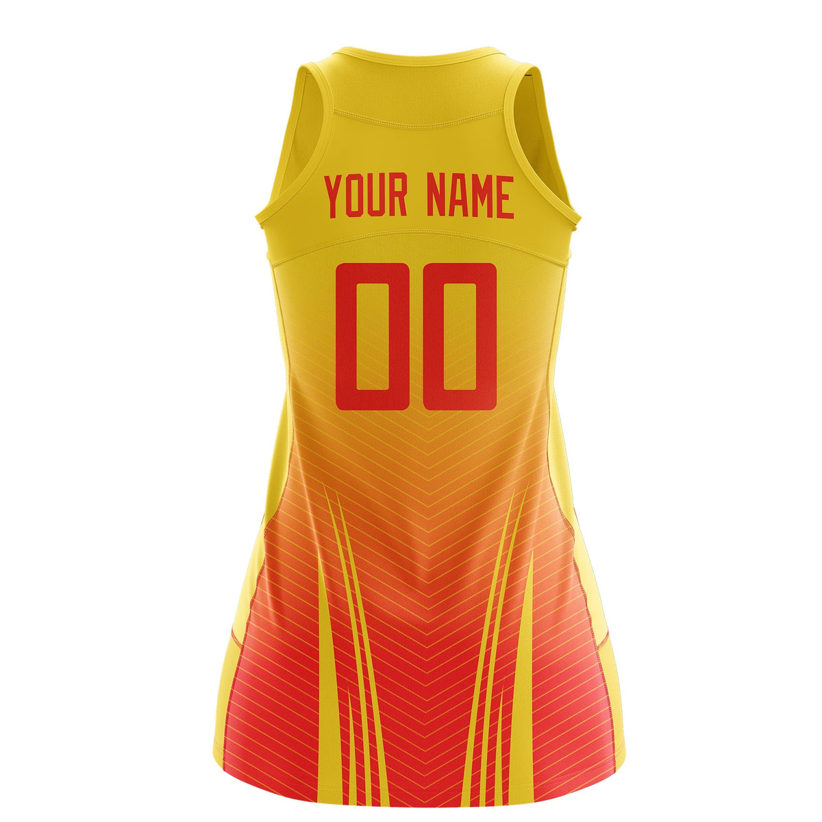 Custom Women Netball Dress | Gold Orange V-Shaped Pinstripes Uniform with Name &amp; Number