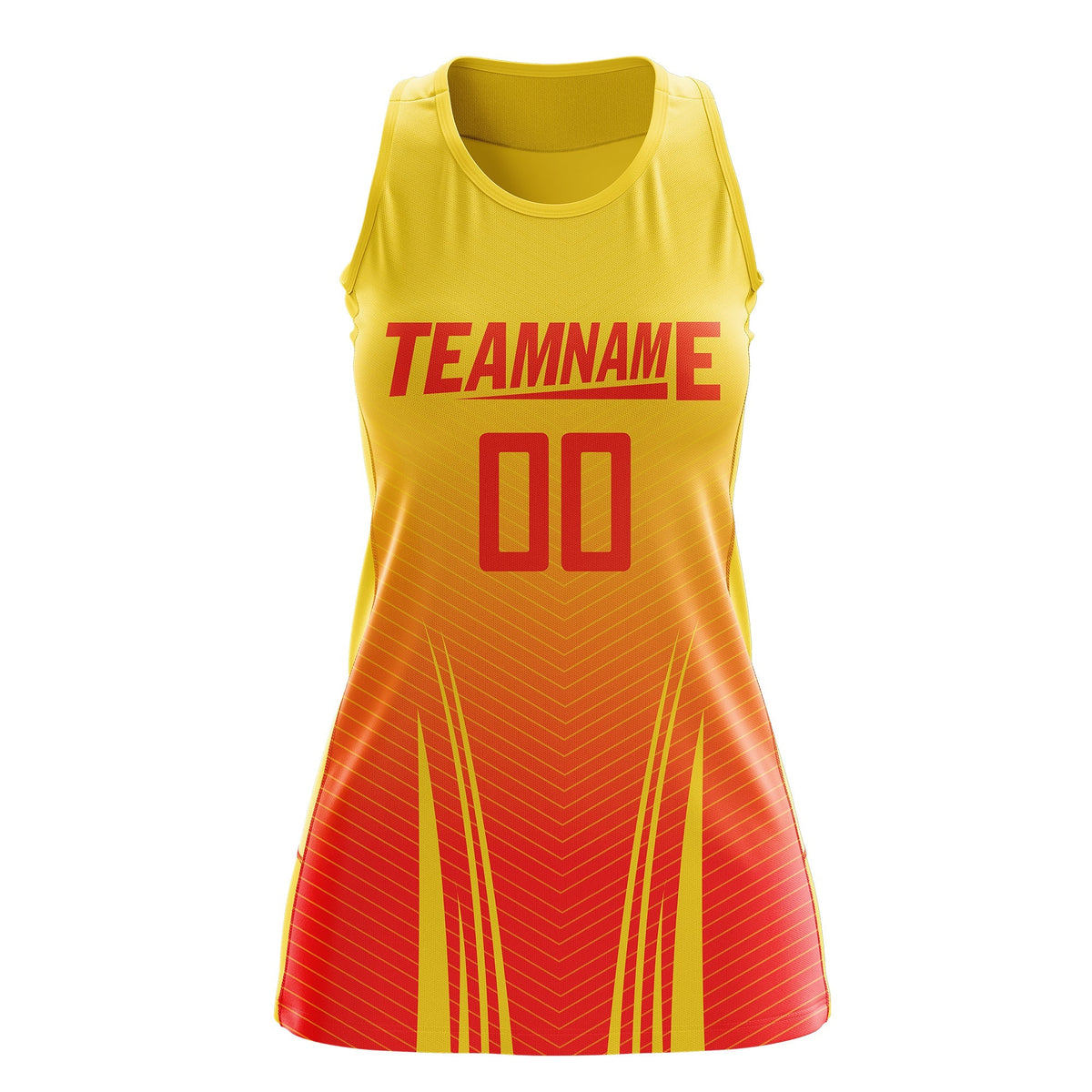 Custom Women Netball Dress | Gold Orange V-Shaped Pinstripes Uniform with Name &amp; Number