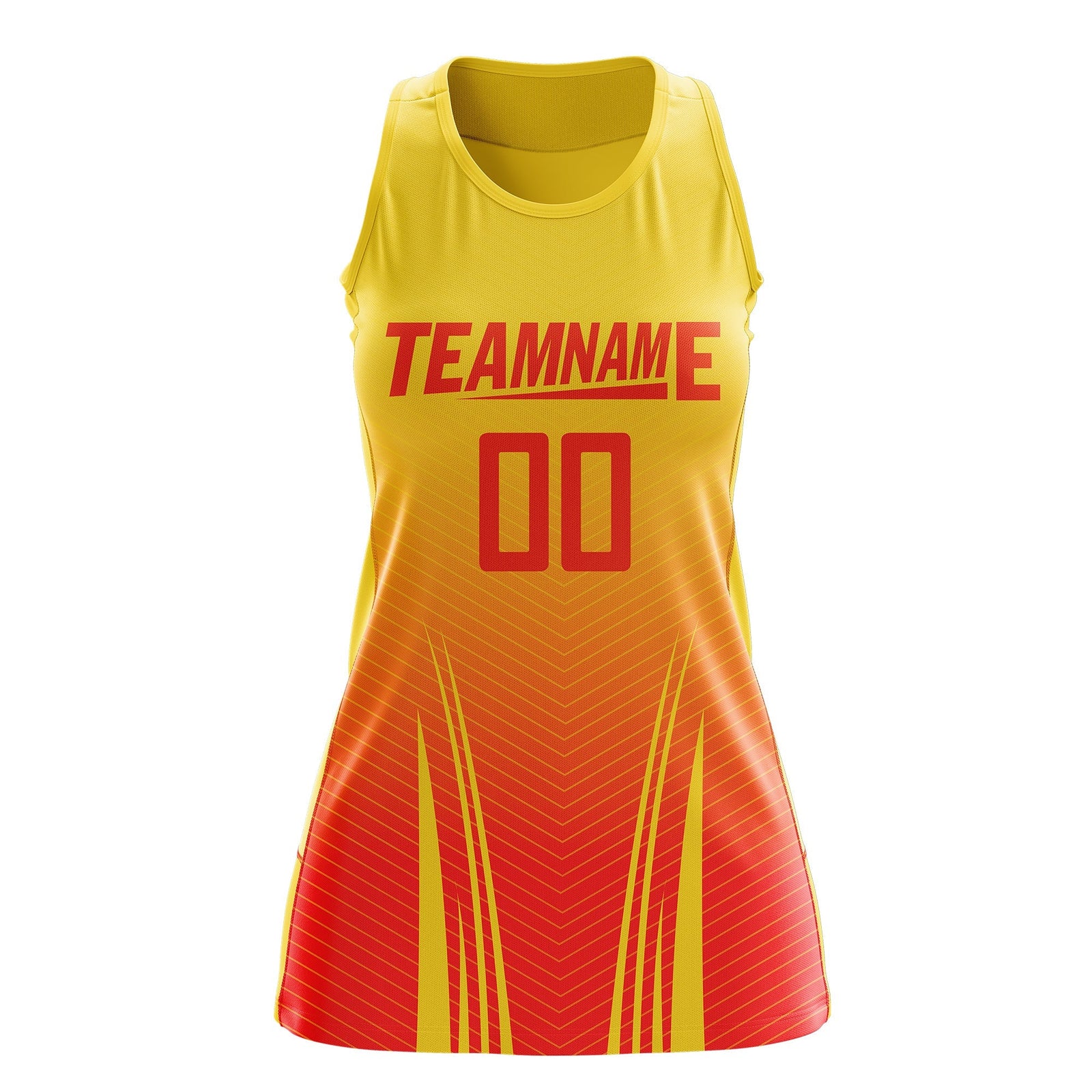 Custom Women Netball Dress | Gold Orange V-Shaped Pinstripes Uniform with Name & Number