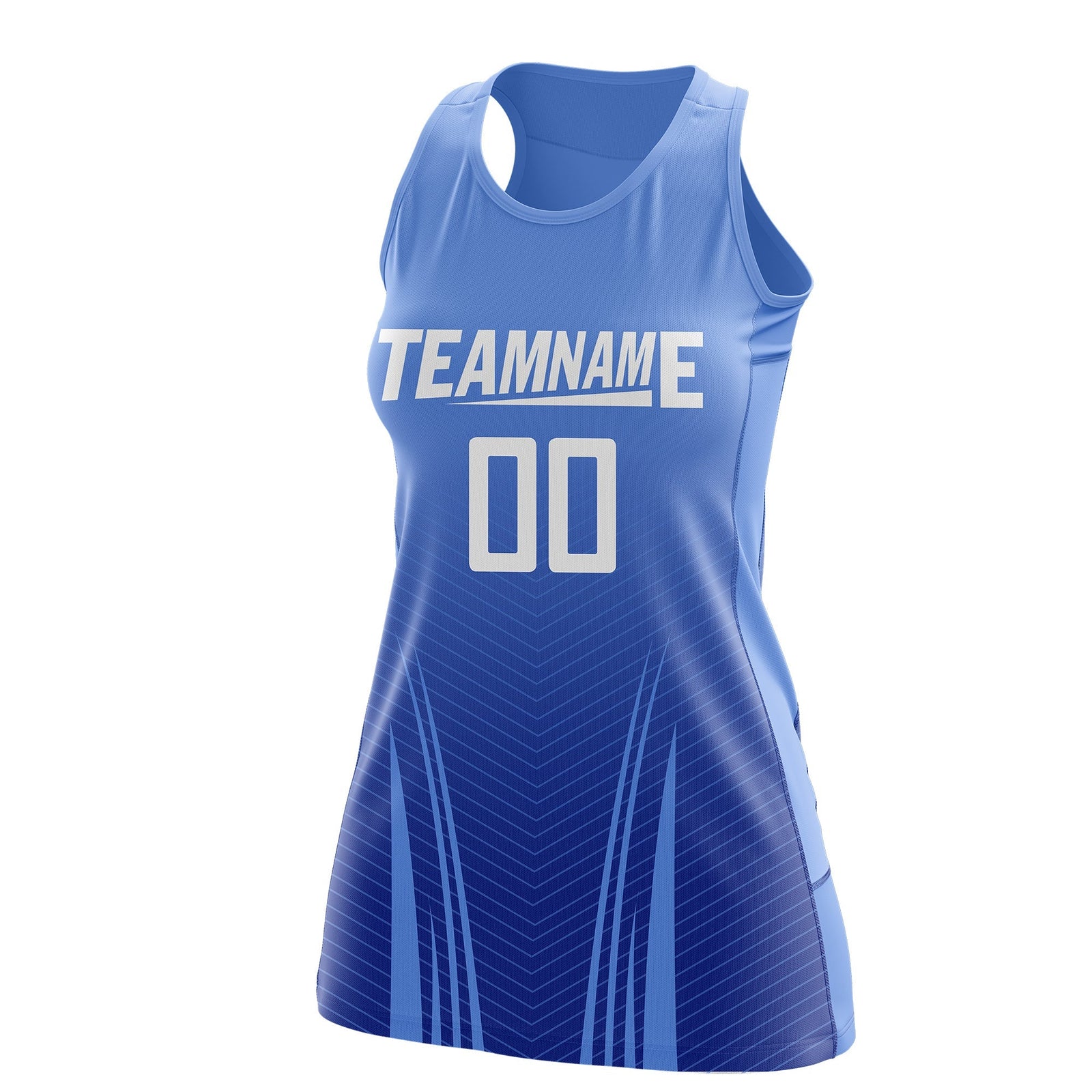 Custom Netball Dress | Light Blue Royal Blue V-Shaped Pinstripes Gradient Team Uniform