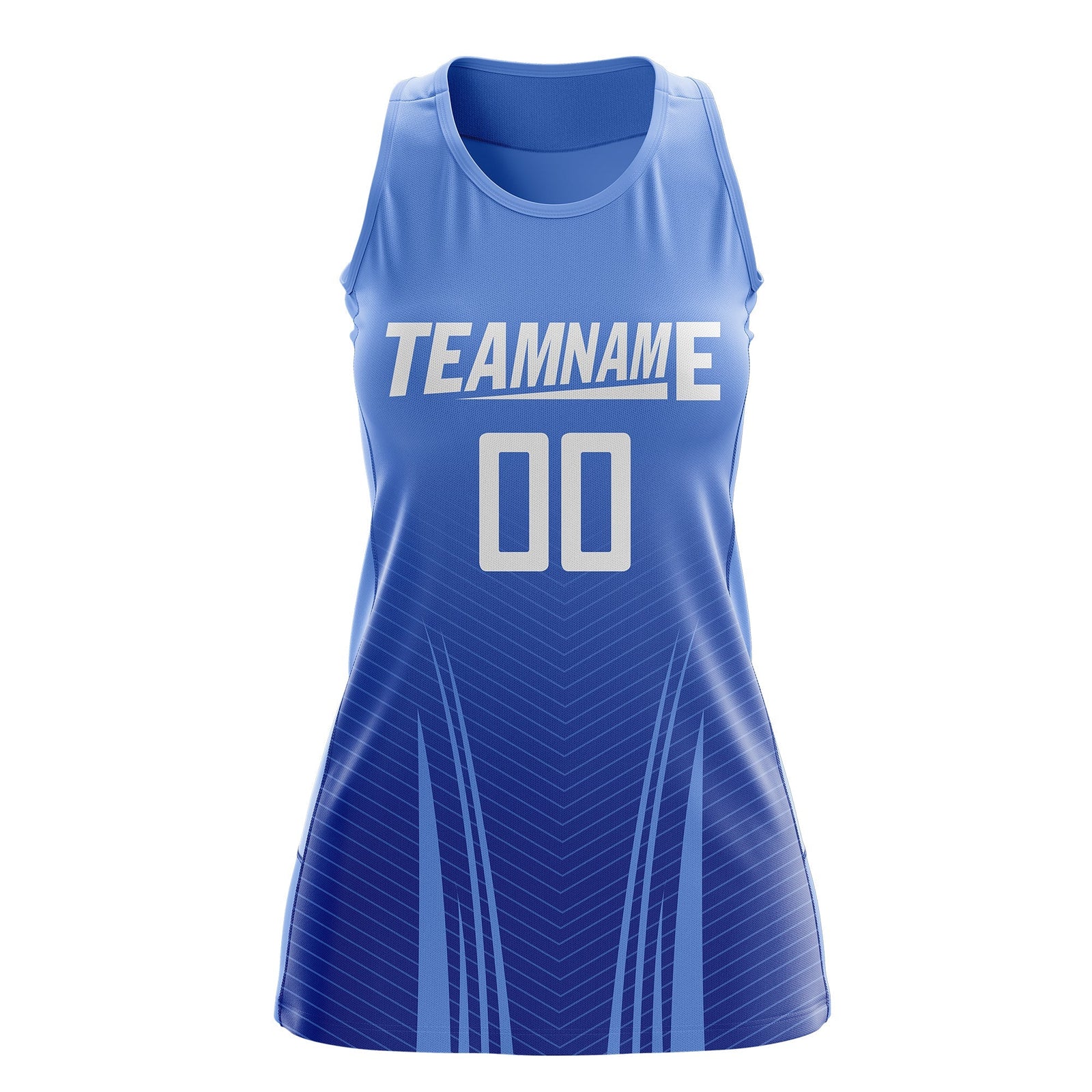 Custom Netball Dress | Light Blue Royal Blue V-Shaped Pinstripes Gradient Team Uniform