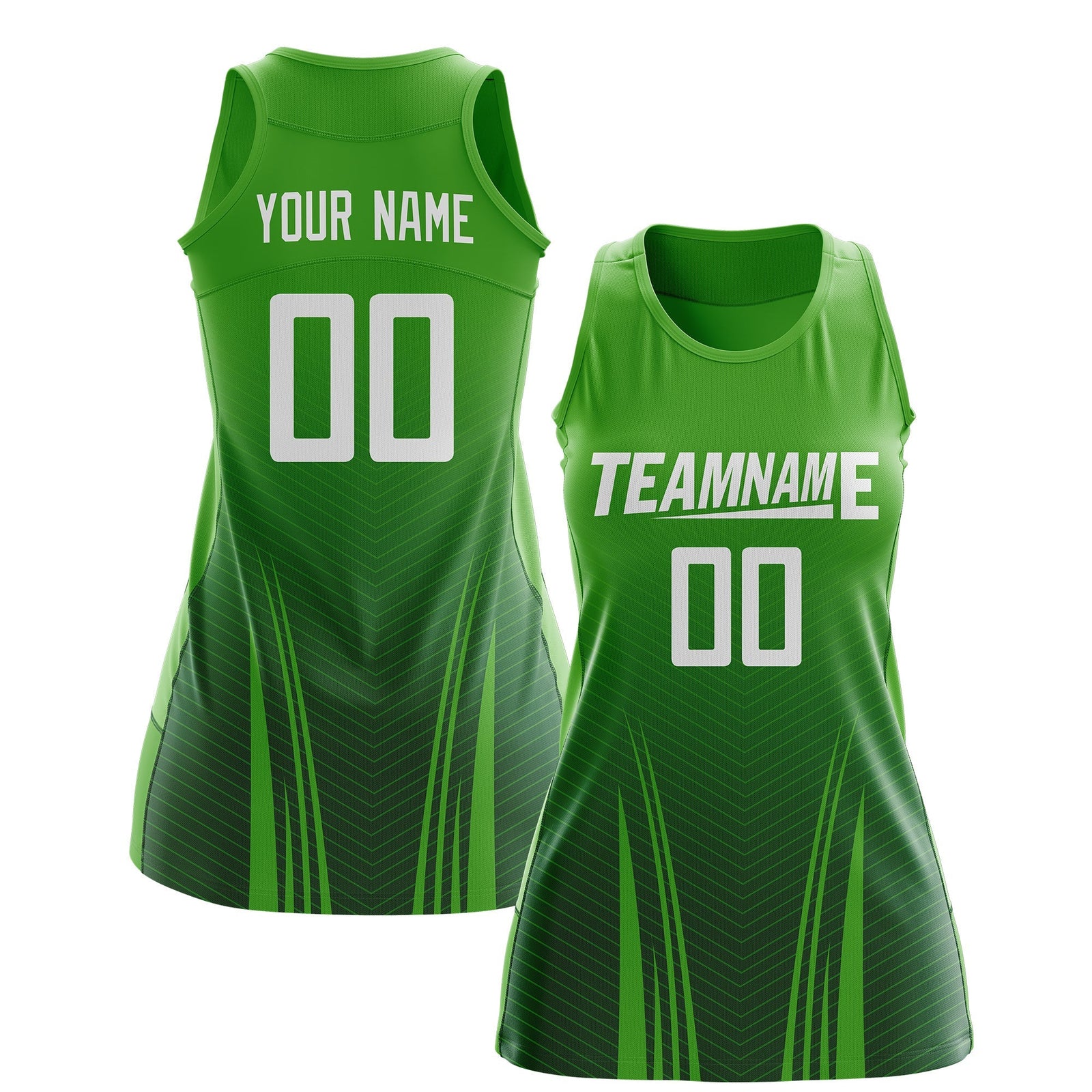 Custom Netball Dress Light Green Green for Women with V-Shaped Pinstripes Personalized Team Uniform