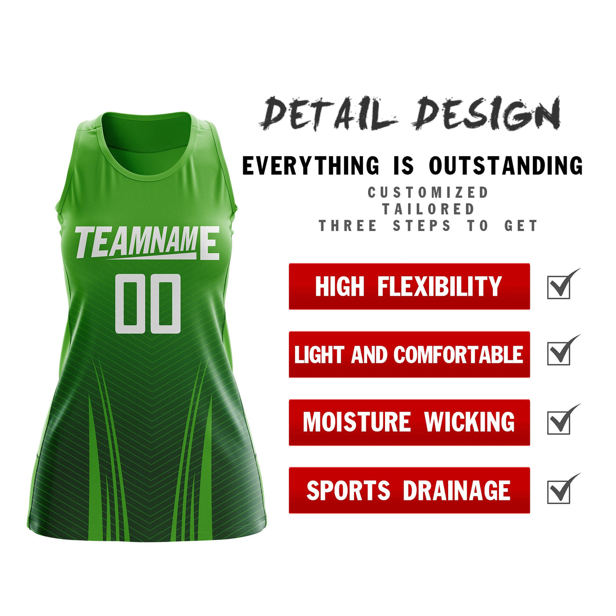 Custom Netball Dress Light Green Green for Women with V-Shaped Pinstripes Personalized Team Uniform