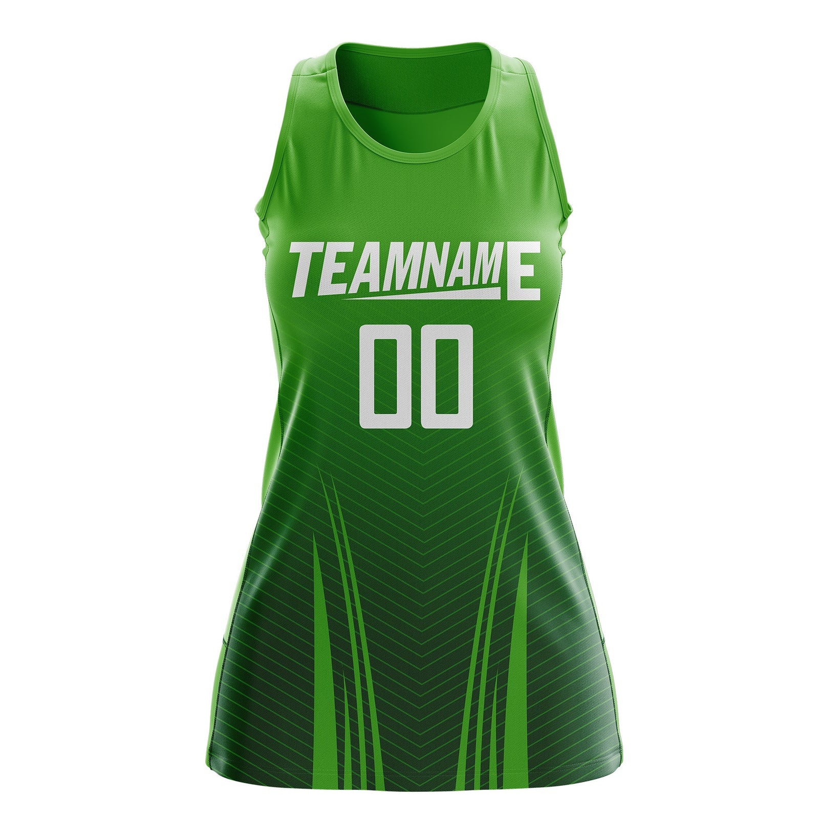 Custom Netball Dress Light Green Green for Women with V-Shaped Pinstripes Personalized Team Uniform