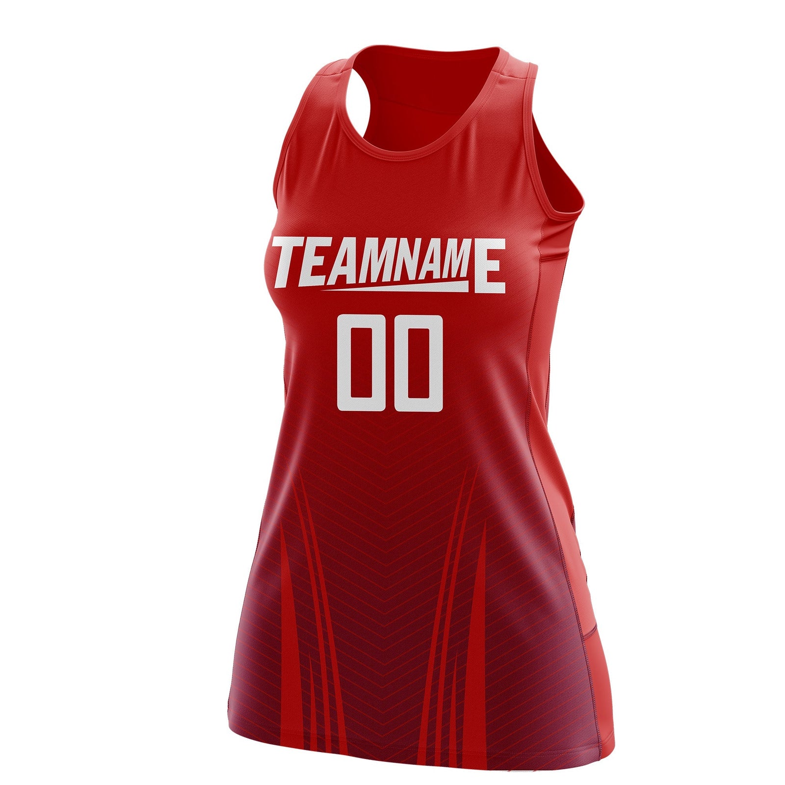 Custom Women Netball Dress | Red Crimson V-Shaped Pinstripes Uniform with Name & Number