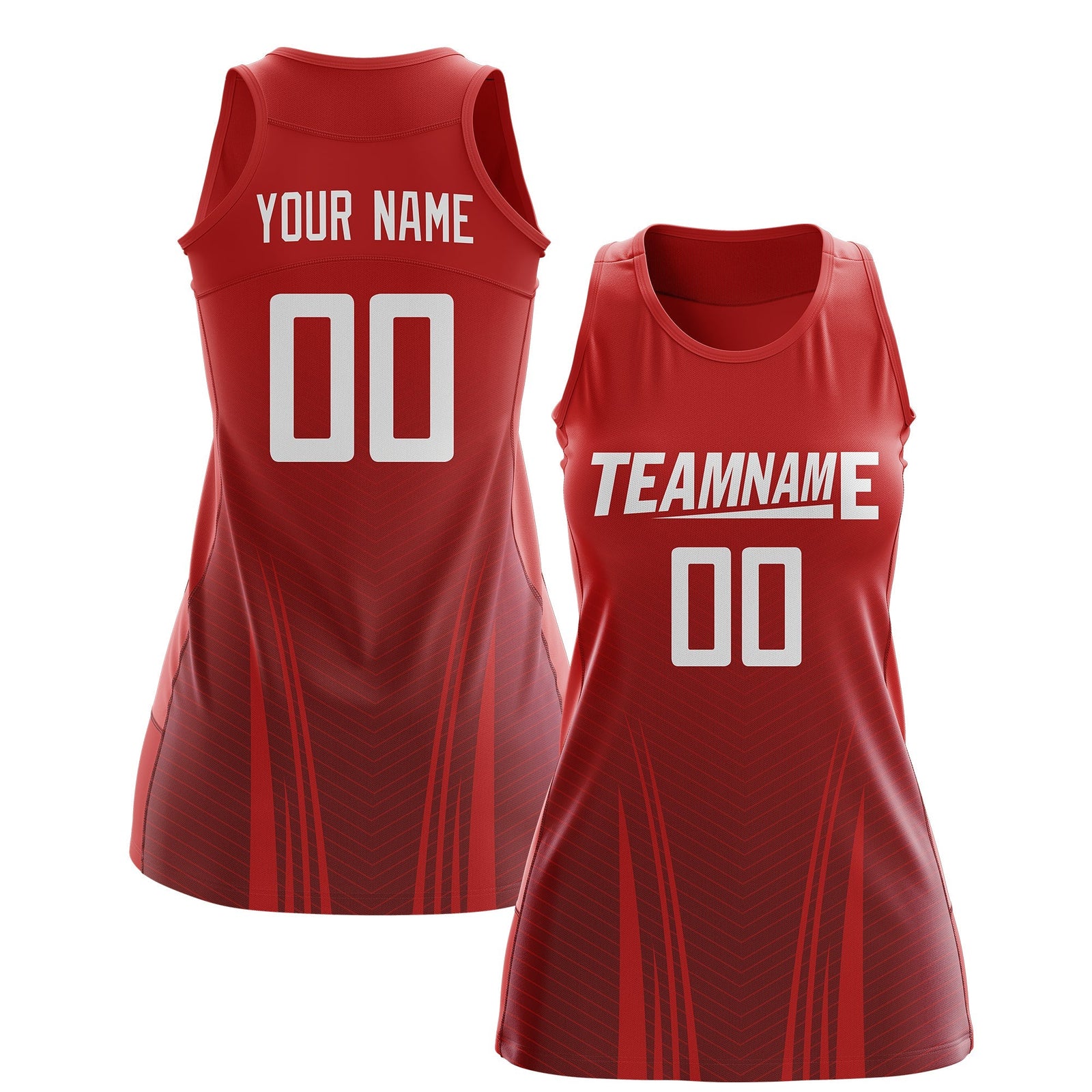 Custom Women Netball Dress | Red Crimson V-Shaped Pinstripes Uniform with Name & Number