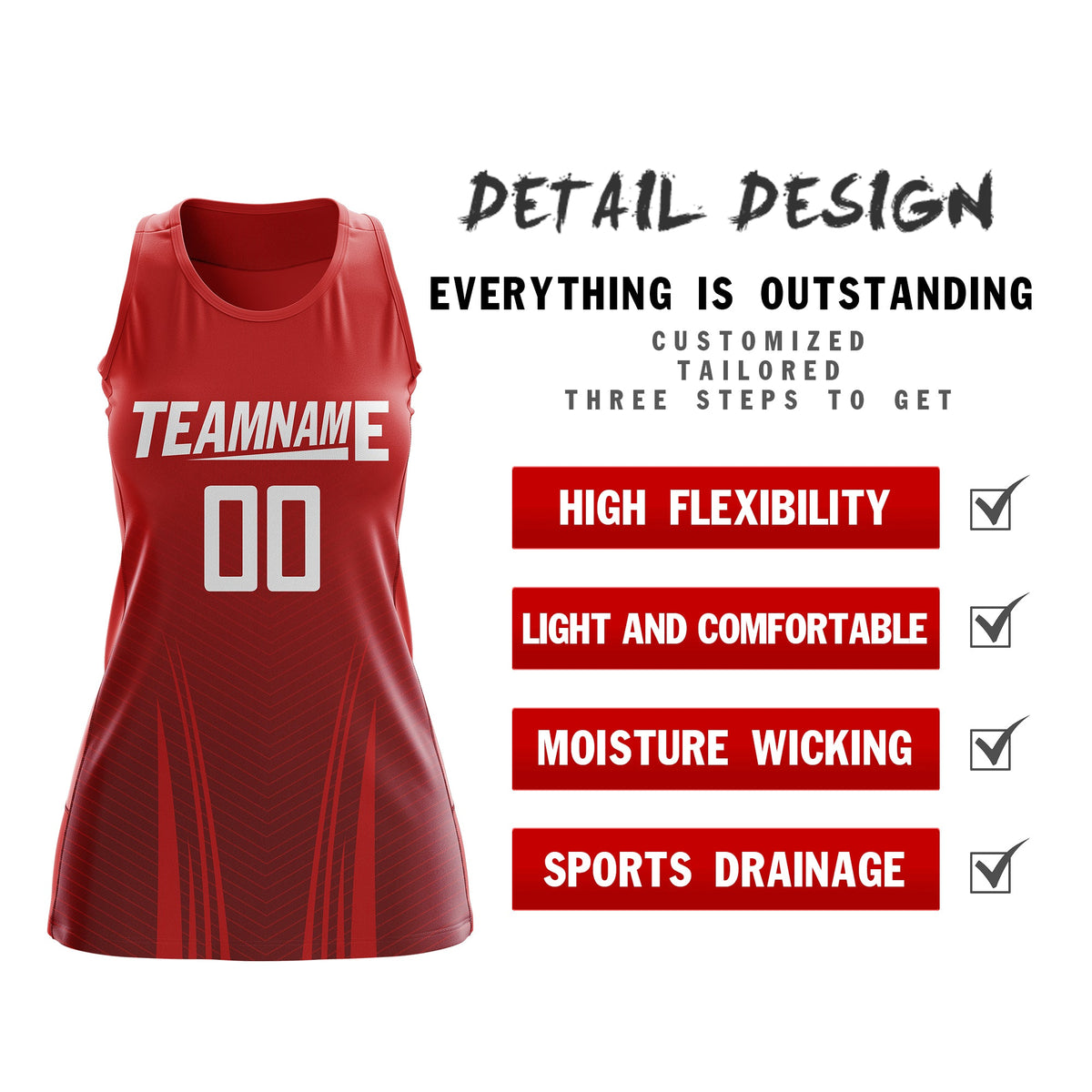 Custom Women Netball Dress | Red Crimson V-Shaped Pinstripes Uniform with Name &amp; Number
