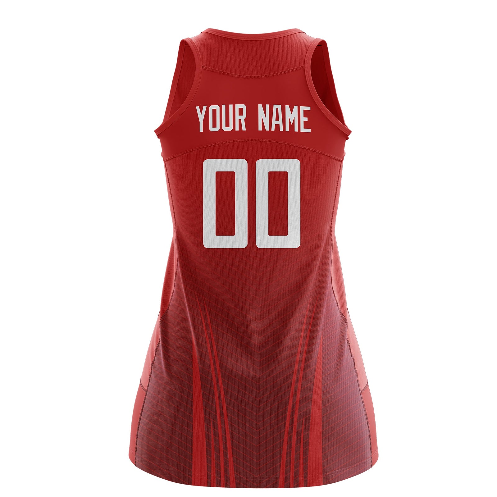 Custom Women Netball Dress | Red Crimson V-Shaped Pinstripes Uniform with Name & Number