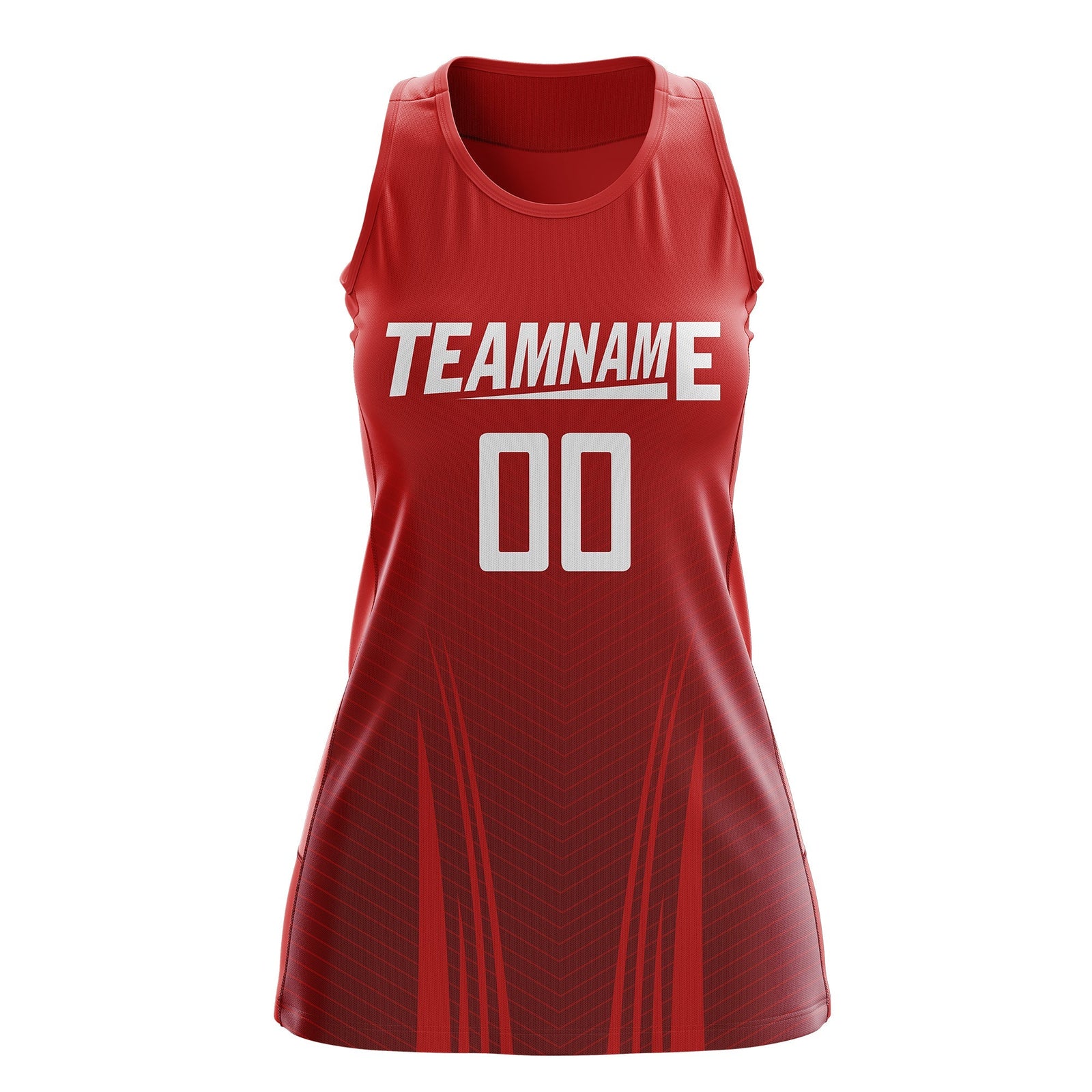 Custom Women Netball Dress | Red Crimson V-Shaped Pinstripes Uniform with Name & Number