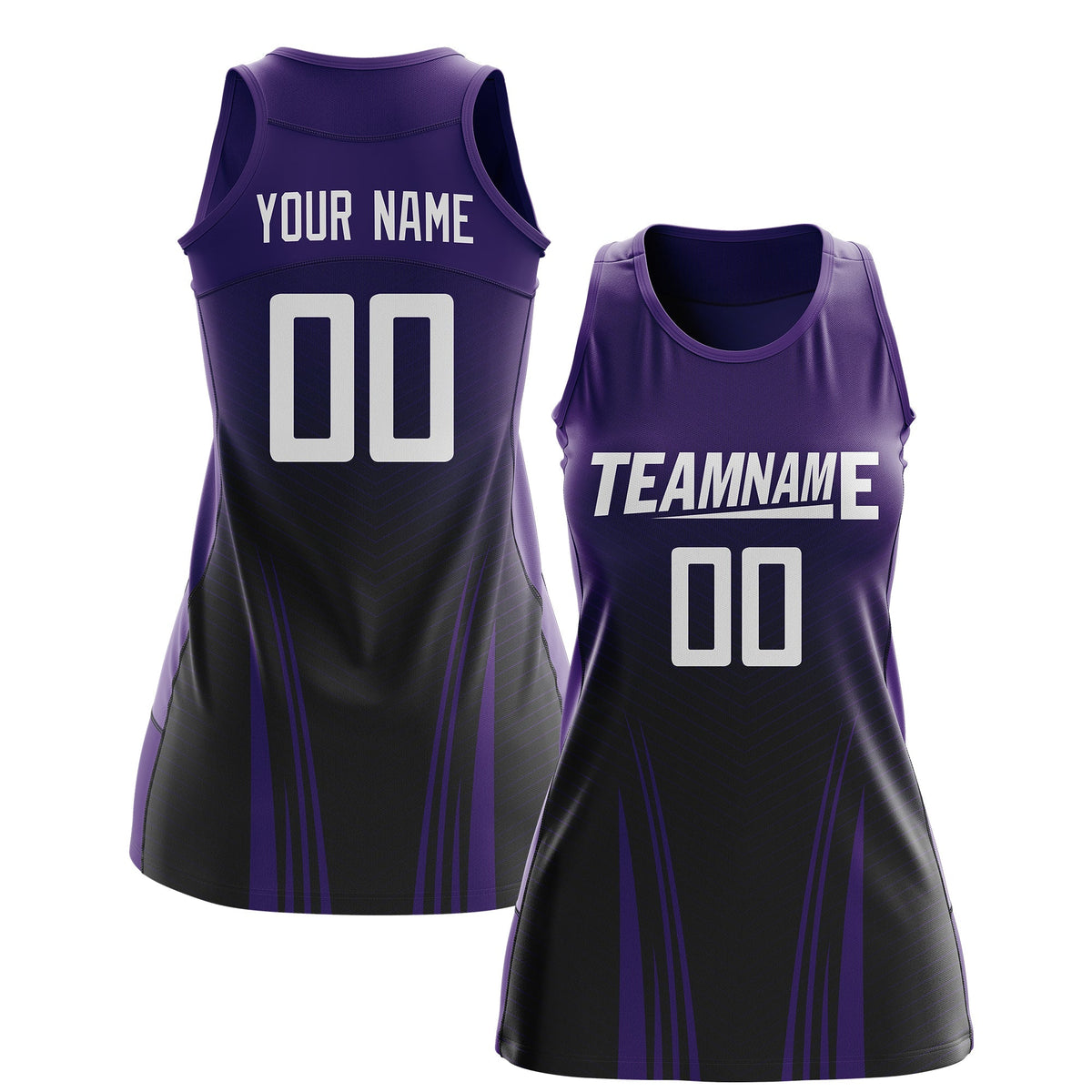 Custom Netball Dress | Purple Black V-Shaped Pinstripes Gradient Team Uniform