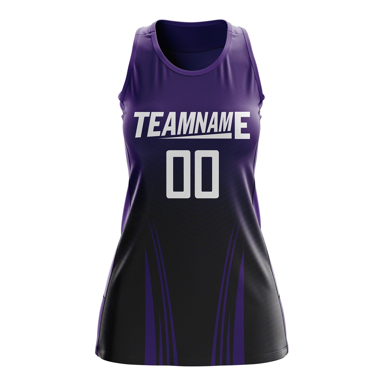 Custom Netball Dress | Purple Black V-Shaped Pinstripes Gradient Team Uniform