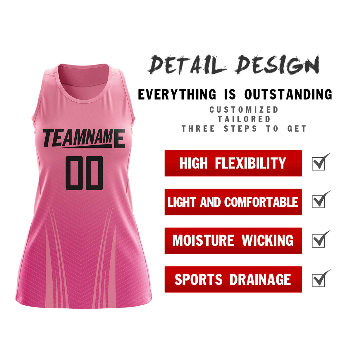 Custom Netball Dress Light Pink Pink for Women with V-Shaped Pinstripes Personalized Team Uniform