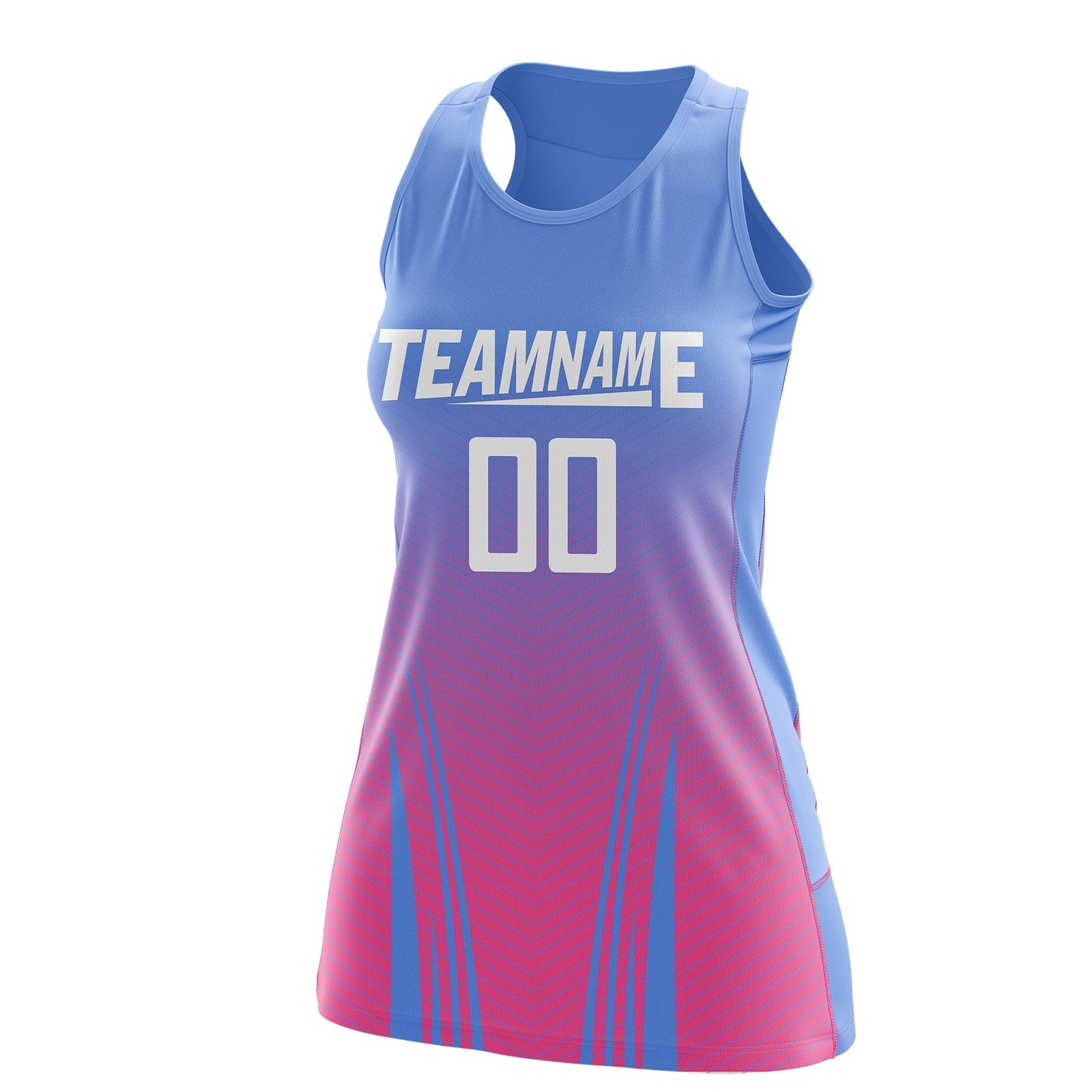 Custom Women Netball Dress | Light Blue Pink V-Shaped Pinstripes Uniform with Name & Number