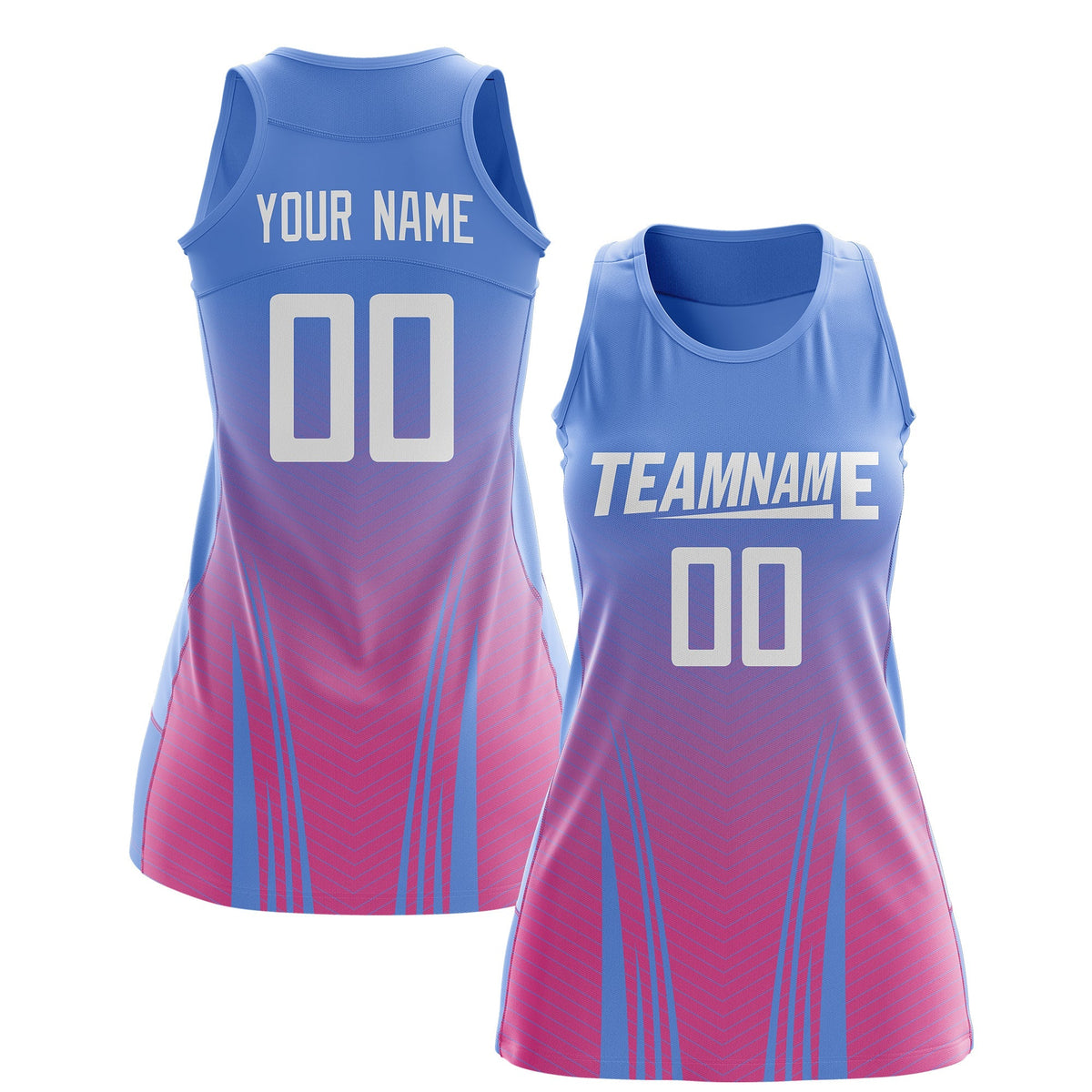 Custom Women Netball Dress | Light Blue Pink V-Shaped Pinstripes Uniform with Name &amp; Number