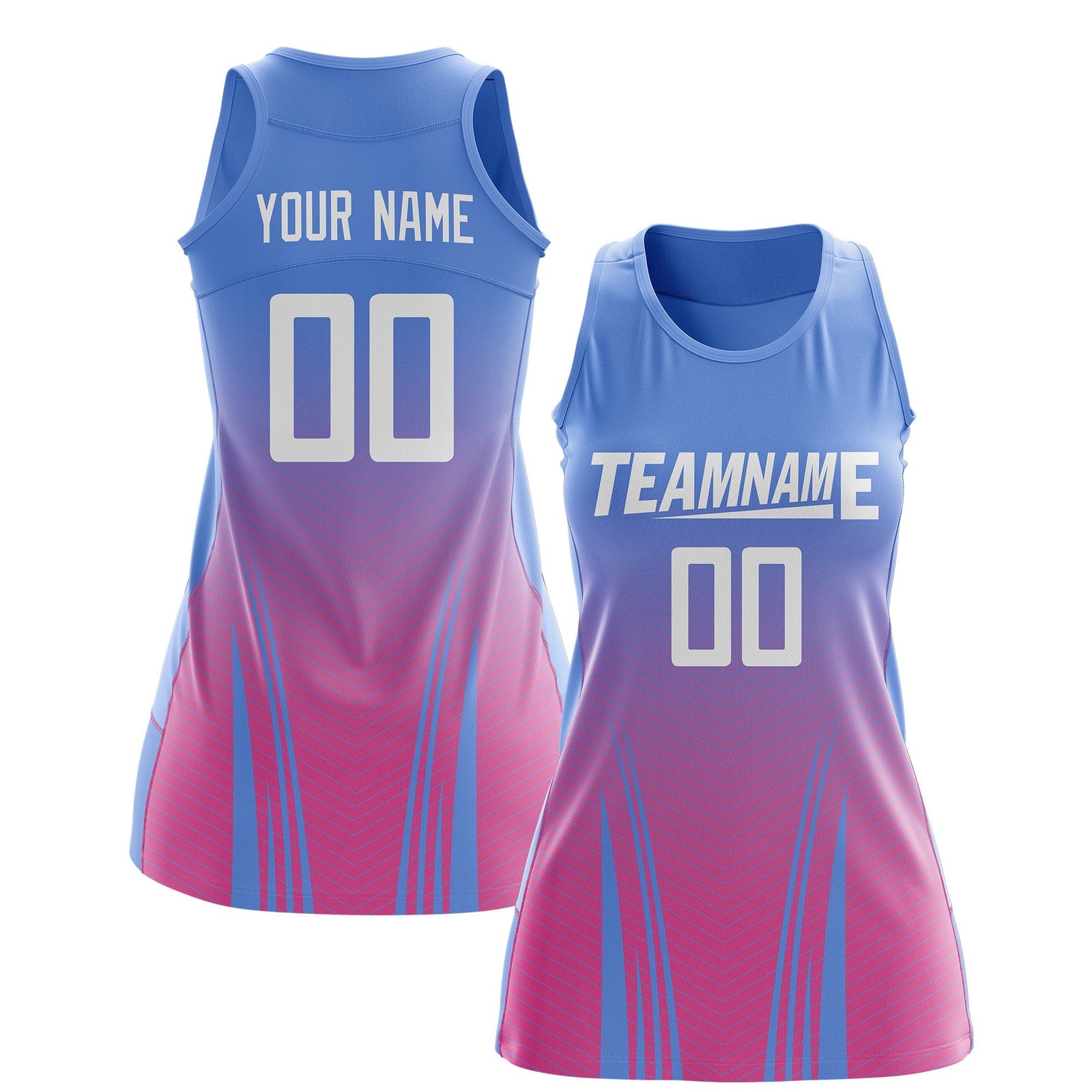 Custom Women Netball Dress | Light Blue Pink V-Shaped Pinstripes Uniform with Name & Number