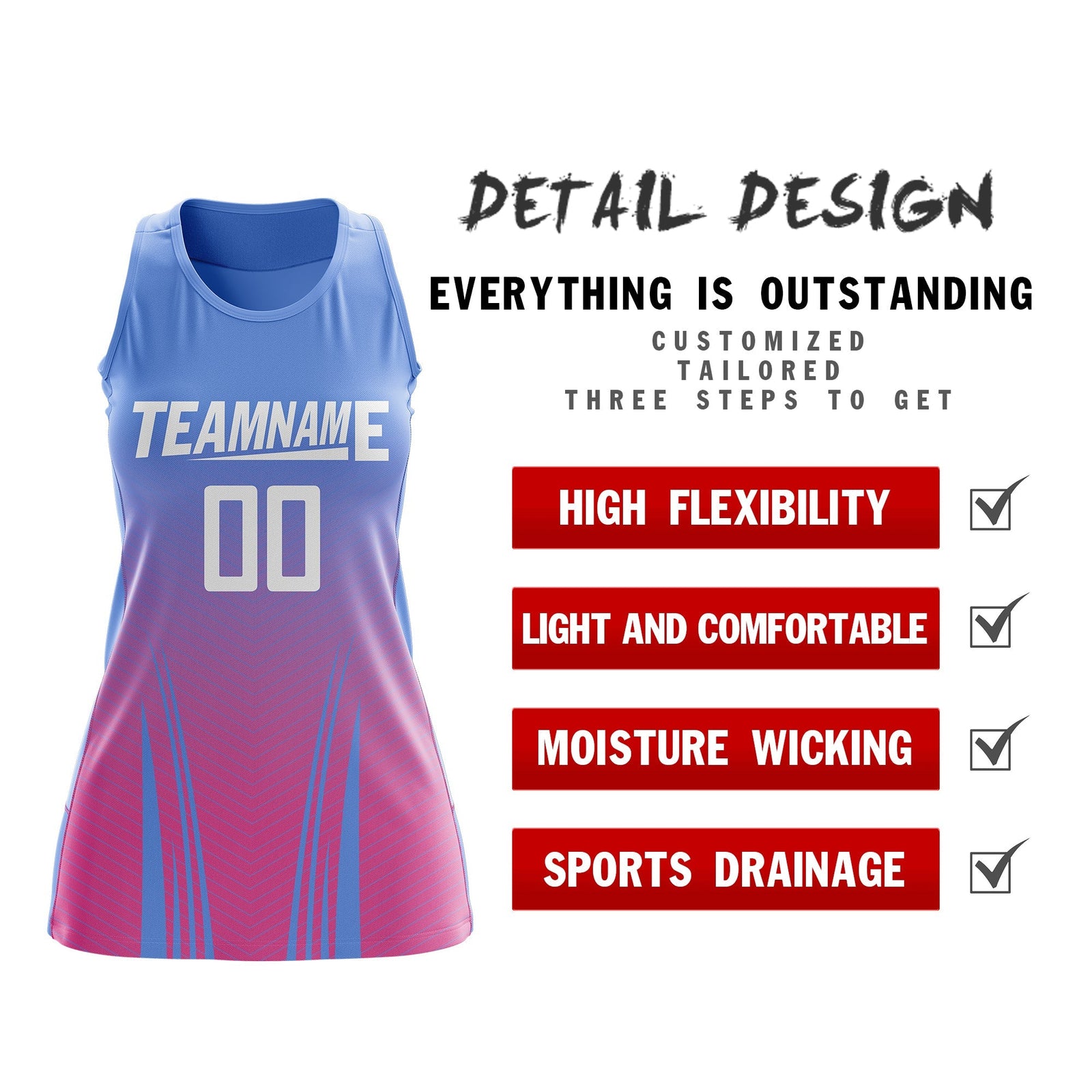 Custom Women Netball Dress | Light Blue Pink V-Shaped Pinstripes Uniform with Name & Number