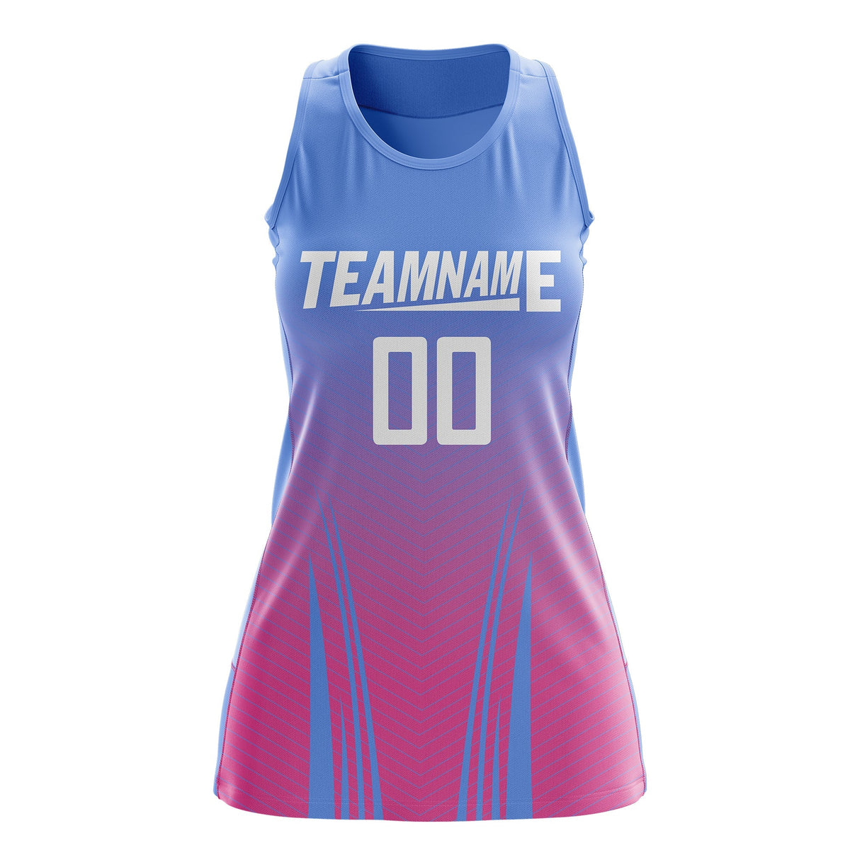Custom Women Netball Dress | Light Blue Pink V-Shaped Pinstripes Uniform with Name &amp; Number