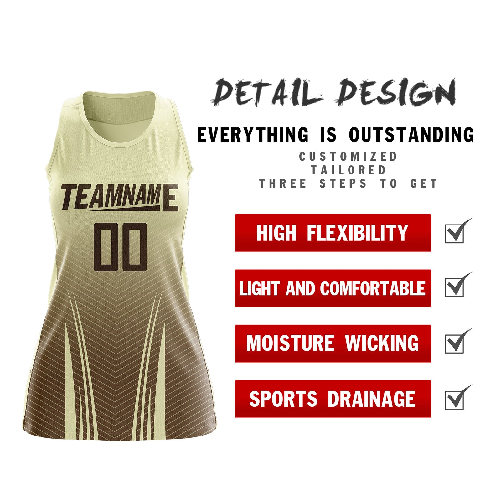 Custom Netball Dress | Cream Light Brown V-Shaped Pinstripes Gradient Team Uniform