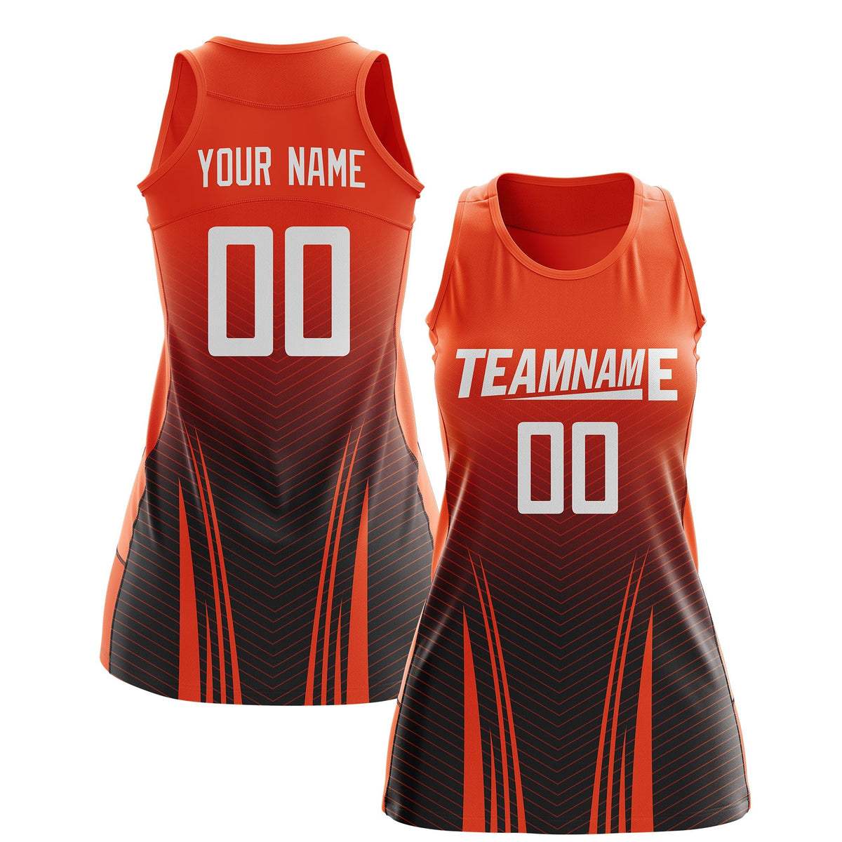 Custom Netball Dress Orange Black for Women with V-Shaped Pinstripes Personalized Team Uniform