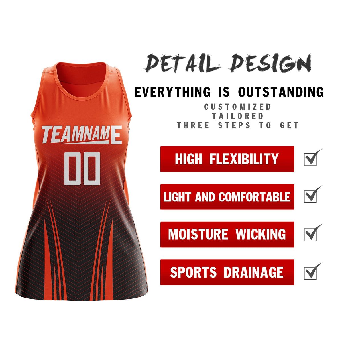 Custom Netball Dress Orange Black for Women with V-Shaped Pinstripes Personalized Team Uniform