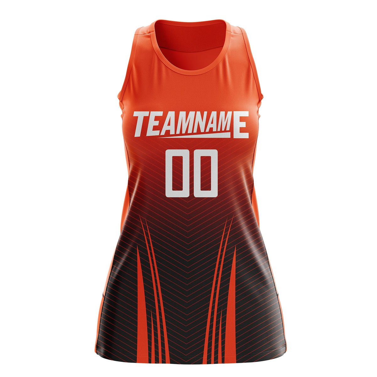 Custom Netball Dress Orange Black for Women with V-Shaped Pinstripes Personalized Team Uniform