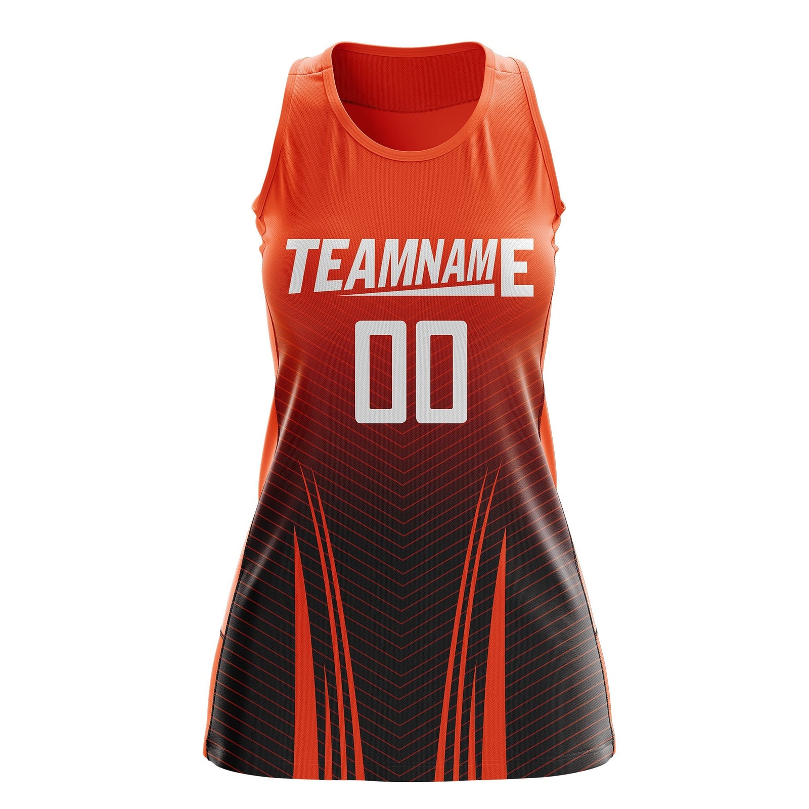 Custom Netball Dress Orange Black for Women with V-Shaped Pinstripes Personalized Team Uniform