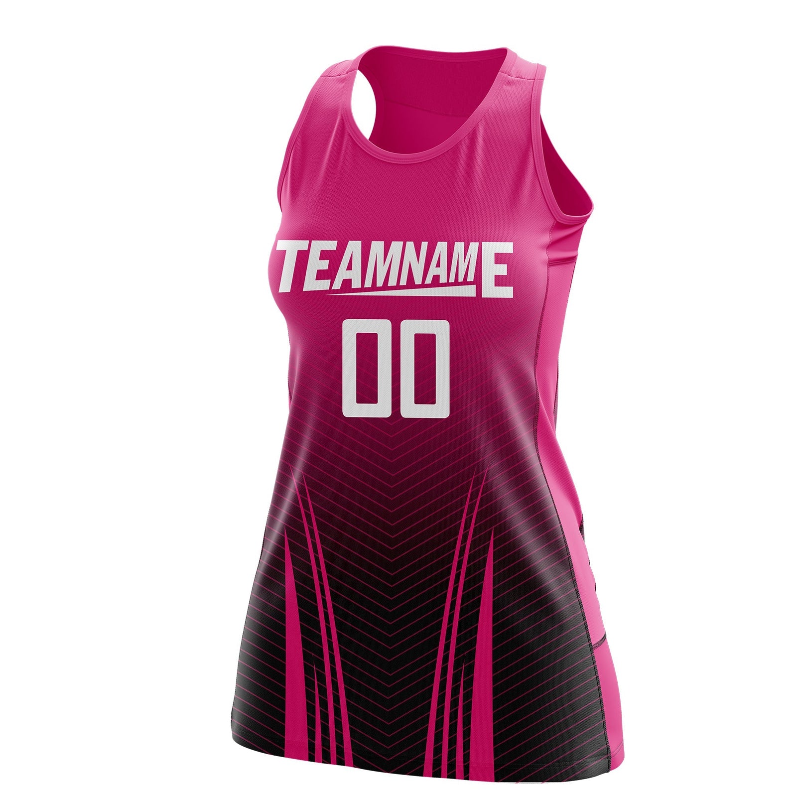Custom Women Netball Dress | Rose Red Black V-Shaped Pinstripes Uniform with Name & Number