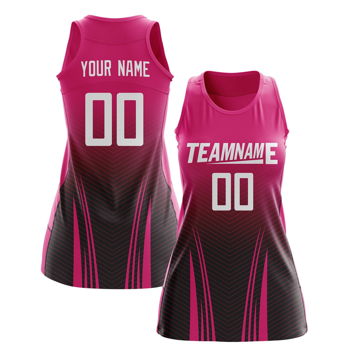 Custom Women Netball Dress | Rose Red Black V-Shaped Pinstripes Uniform with Name &amp; Number