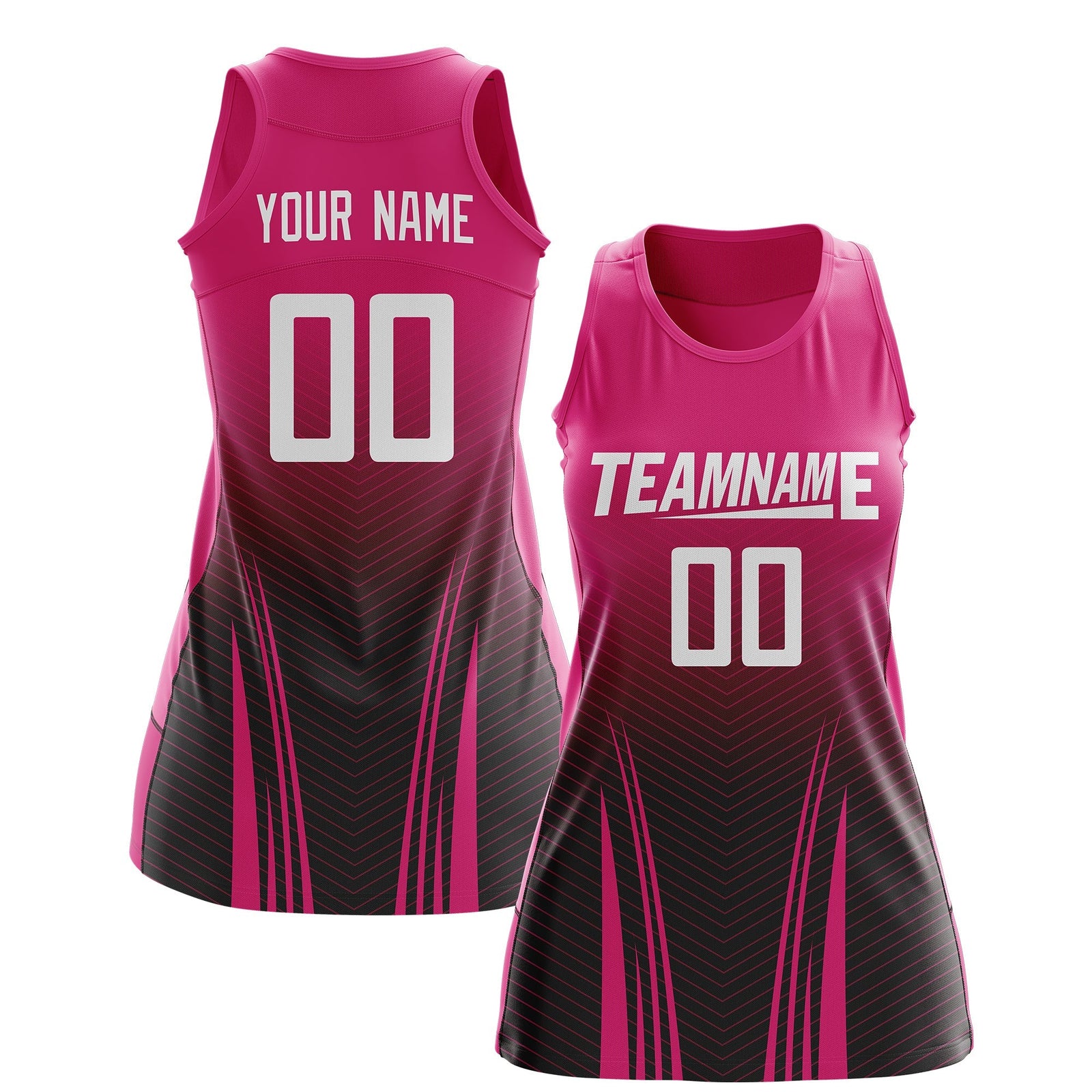 Custom Women Netball Dress | Rose Red Black V-Shaped Pinstripes Uniform with Name & Number