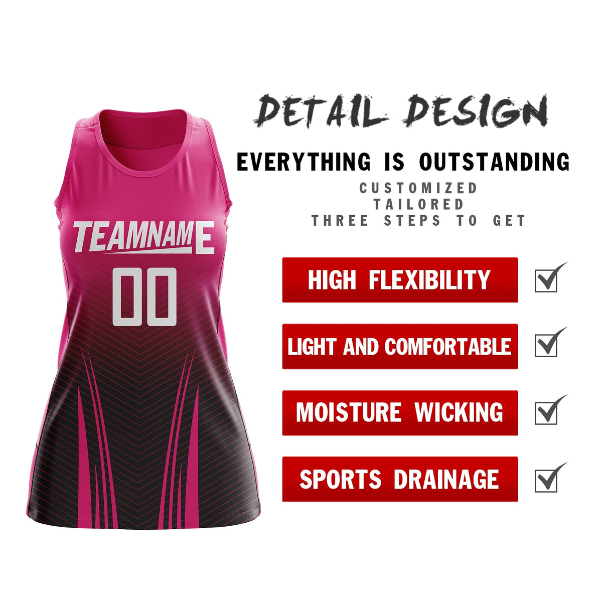 Custom Women Netball Dress | Rose Red Black V-Shaped Pinstripes Uniform with Name &amp; Number