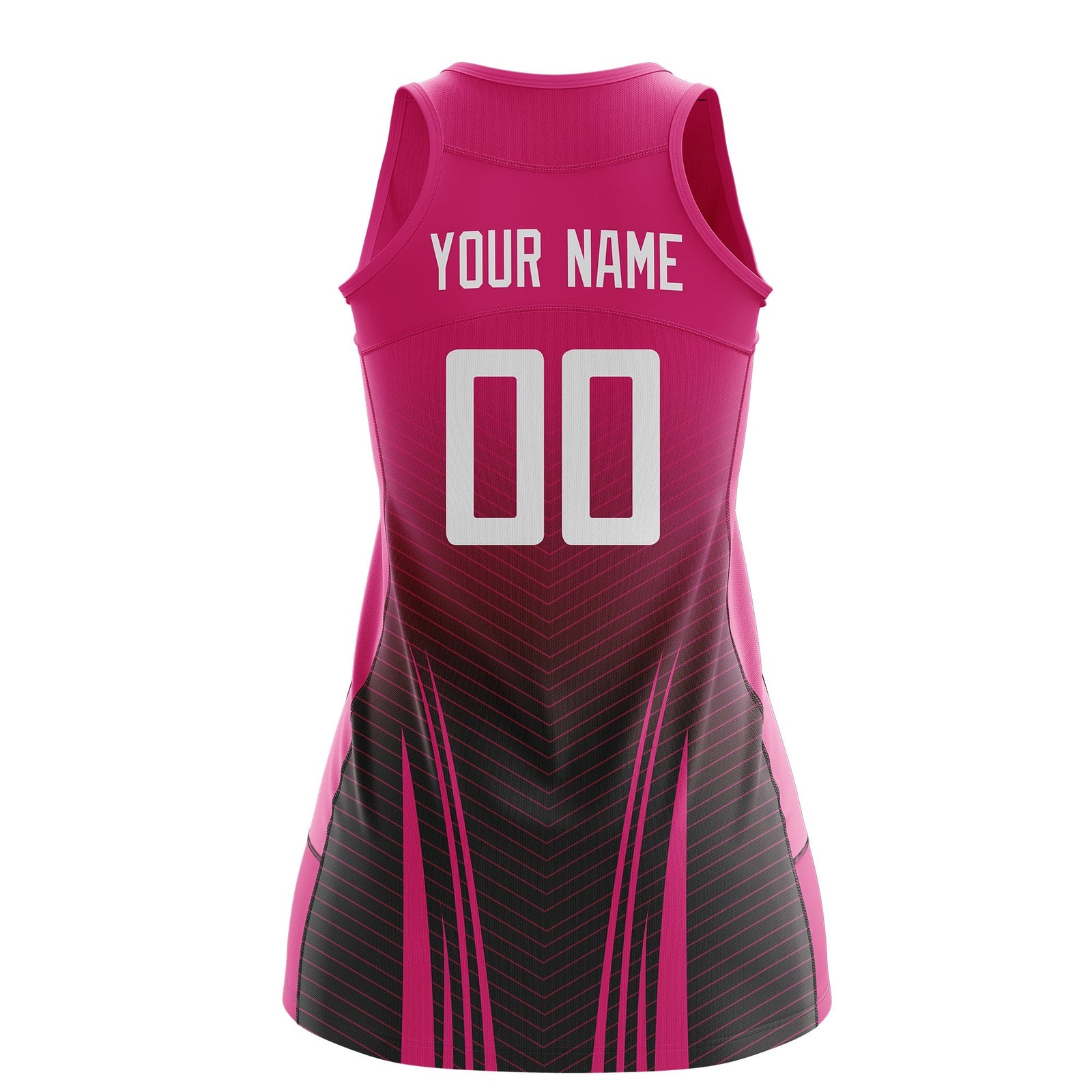 Custom Women Netball Dress | Rose Red Black V-Shaped Pinstripes Uniform with Name & Number