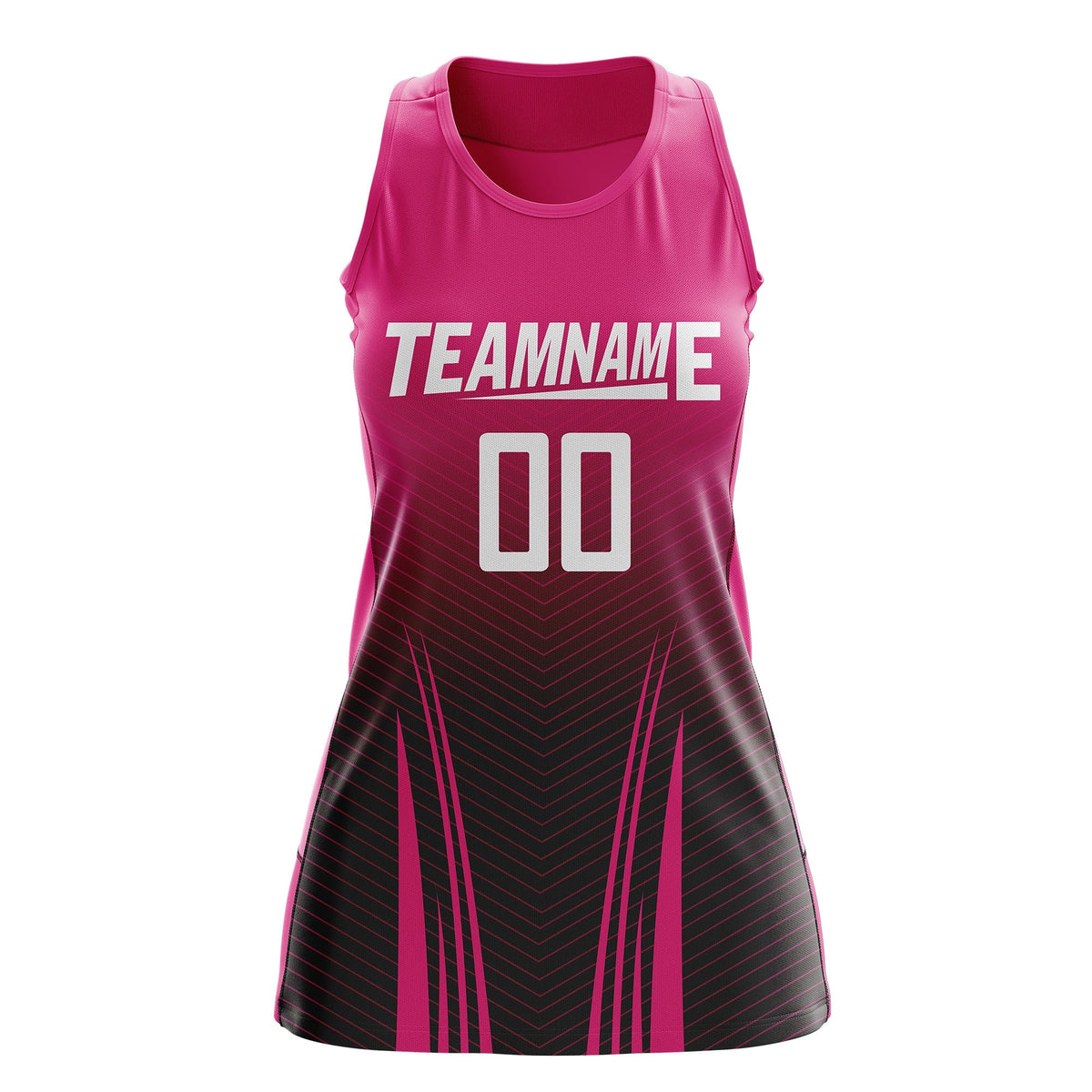 Custom Women Netball Dress | Rose Red Black V-Shaped Pinstripes Uniform with Name &amp; Number