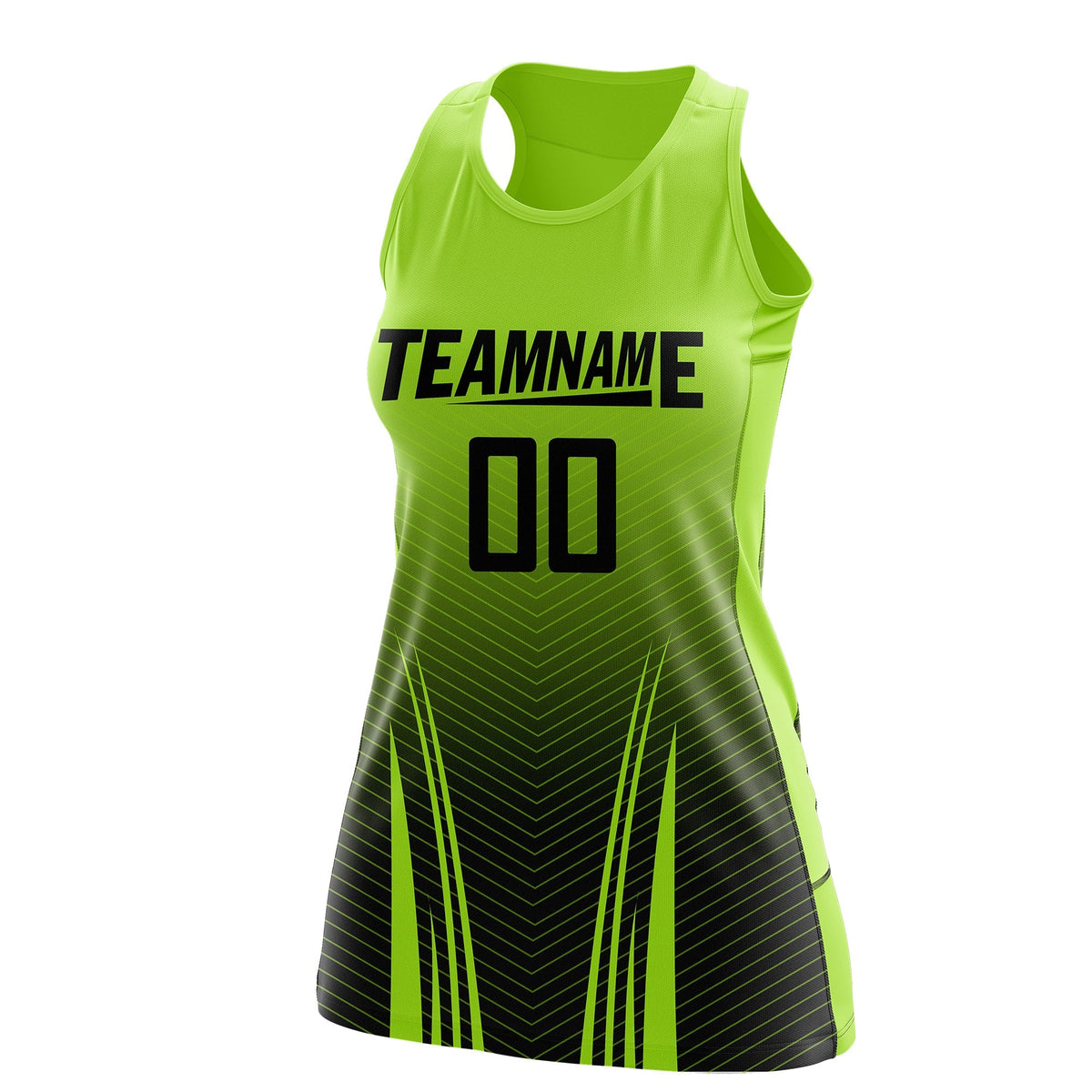 Custom Netball Dress | Neon Green Black V-Shaped Pinstripes Gradient Team Uniform
