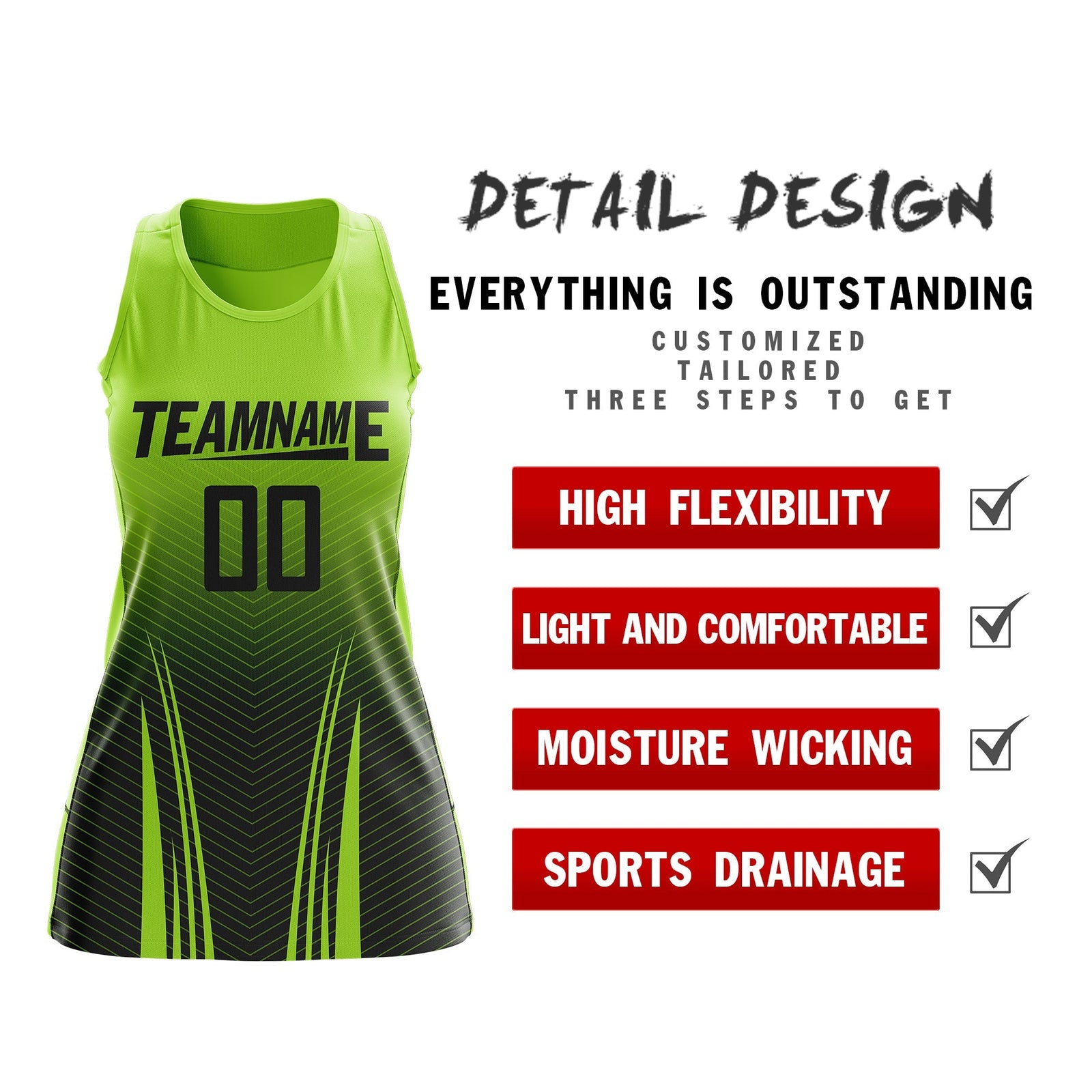 Custom Netball Dress | Neon Green Black V-Shaped Pinstripes Gradient Team Uniform