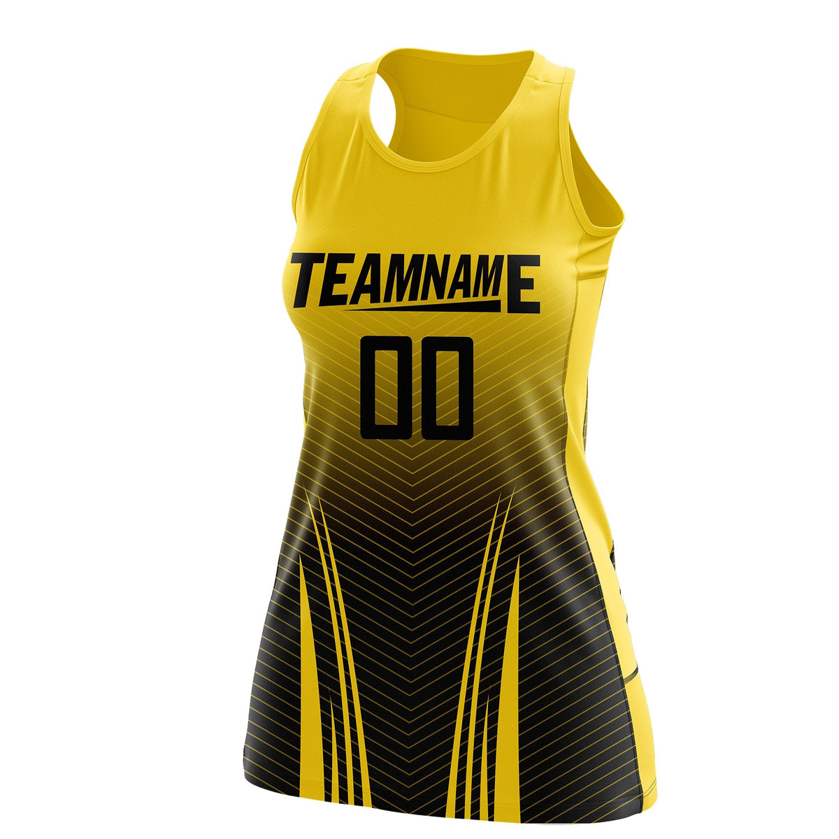 Custom Netball Dress Gold Black for Women with V-Shaped Pinstripes Personalized Team Uniform