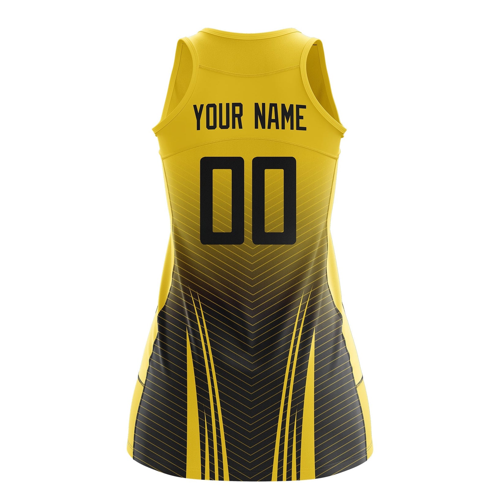 Custom Netball Dress Gold Black for Women with V-Shaped Pinstripes Personalized Team Uniform