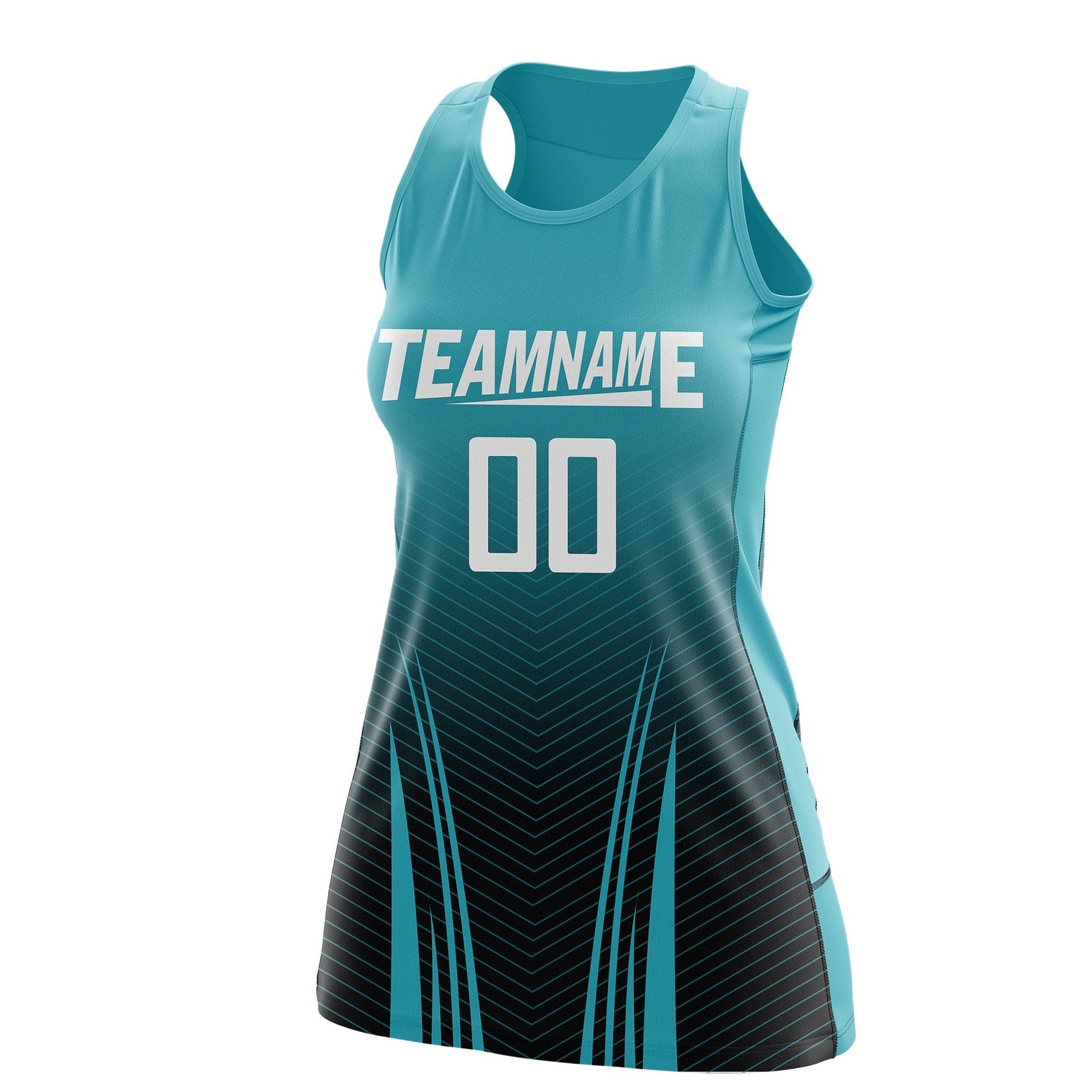 Custom Women Netball Dress | Aqua Black V-Shaped Pinstripes Uniform with Name & Number